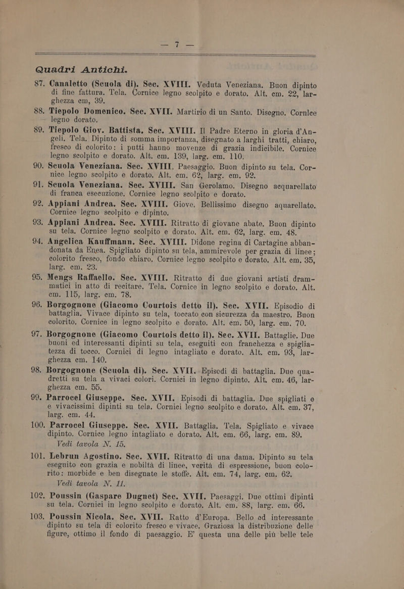 87, 88. 89. 90. 96. 97, 98. 99. 100. 101. 102. 103. Canaletto (Scuola di). See. XVII. Veduta Veneziana. Buon dipinto di fine fattura. Tela. Cornice legno seolpito e dorato. Alt. em. 22, lar- ghezza em, 39. Tiepolo Domenico. Sec. XVII. Martirio di un Santo. Disegno. Cornlee legno dorato. Tiepolo Giov. Battista, Sec. XVIII. Il Padre Eterno in gloria d’An- geli. Tela. Dipinto di somma importanza, disegnato a larghi tratti, chiaro, freseo di colorito: i putti hanno movenze di grazia indicibile. Cornice legno scolpito e dorato. Alt. em. 139, larg. em. 110. Scuola Veneziana. Sec. XVIII, Paesaggio. Buon dipinto su tela. Cor- nice legno seolpito e dorato. Alt. em. 62, larg. em. 92. di franea eseeuzione. Cornice legno scolpito e dorato. Cornice legno scolpito e dipinto. su tela. Cornice legno scolpito e dorato, Alt. em. 62, larg. em. 48. donata da Enea. Spigliato dipinto su tela, ammirevole per grazia di linee ; colorito freseo, fondo chiaro, Cornice legno scolpito e dorato. Alt. em. 35, lare. em, 23. matici in atto di recitare. Tela. Cornice in legno seolpito e dorato. Alt. em. 115, larg. em. 78. Borgognone (Giacomo Courtois detto il). See. XVII. Episodio di battaglia. Vivace dipinto su tela, toccato eon sicurezza da maestro. Buon colorito, Cornice in legno scolpito e dorato. Alt. em. 50, larg. em. 70. Borgognone (Giacomo Courtois detto il). Sec. XVII. Battaglie. Due buoni ed interessanti dipinti su tela, eseguiti con franchezza e spiglia- tezza di toeco. Cornici di legno intagliato e dorato. Alt. em. 93, lar- ghezza em. 140. Borgognone (Scuola di). See. XVII. Episcdi di battaglia. Due qua- dretti su tela a vivaci colori. Cornici in legno dipinto, Alt. em. 46, lar- ghezza em. 55. Parrocel Giuseppe. Sec. XVII. Episodi di battaglia. Due spigliati e e vivacissimi dipinti su tela. Cornici legno scolpito e dorato. Alt. em. 37, larg. em. 44, . Parrocel Giuseppe. Sec. XVII. Battaglia. Tela. Spigliato e vivace dipinto. Cornice legno intagliato e dorato. Alt. em. 66, larg. em. 89. Vedi tavola N. 15. Lebrun Agostino. Sec. XVII. Ritratto di una dama. Dipinto su tela eseguito con grazia e nobilta di linee, verita di espressione, buon colo- rito: morbide e ben disegnate le stoffe. Alt. em. 74, larg. em. 62. Vedi tavola N. 11. Poussin (Gaspare Dugnet) Sec. XVII. Paesaggi. Due ottimi dipinti su tela. Cornici in legno scolpito e dorato, Alt. em. 88, larg. em. 66. Poussin Nicola. See. XVII. Ratto d’Europa. Bello ed interessante dipinto su tela di colorito fresco e'vivace. Graziosa la distribuzione delle figure, ottimo il fondo di paesaggio. E’ questa una delle pit belle tele