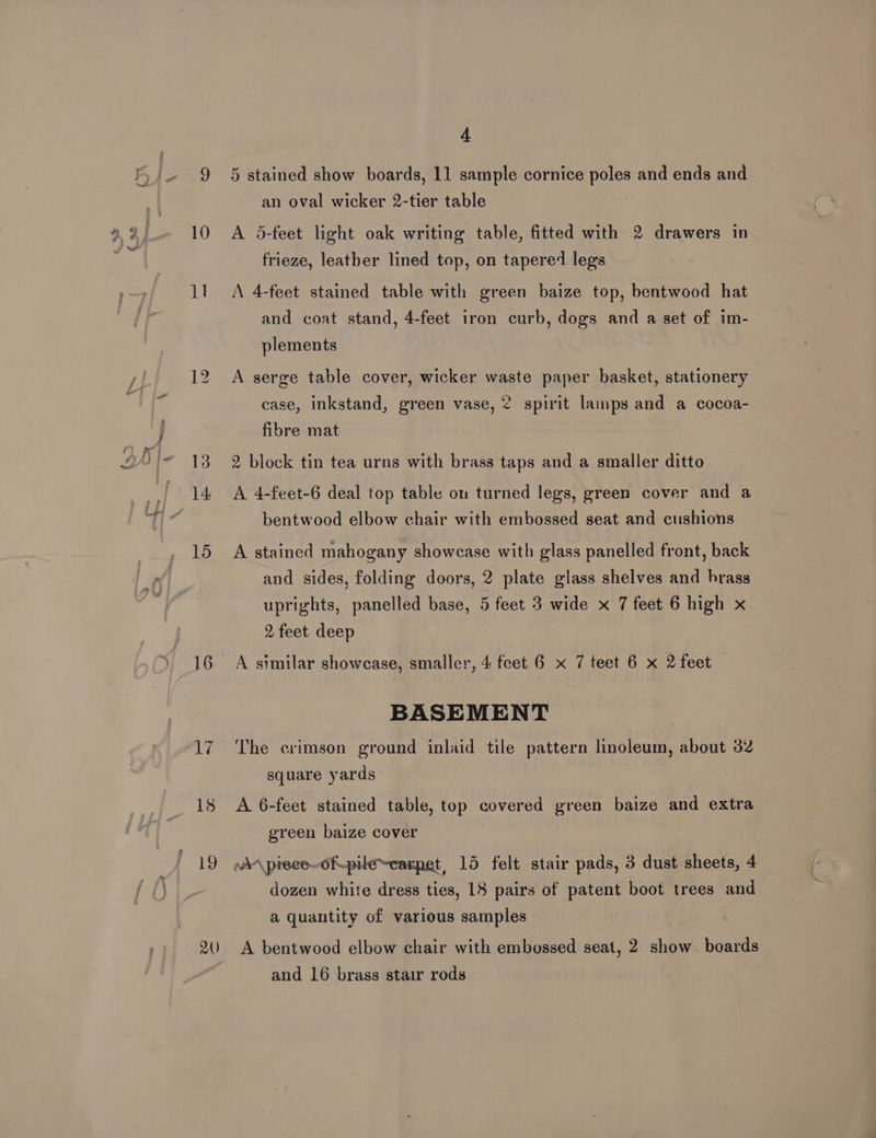 «99 ( $3 10 11 14 15 19 20 4 5 stained show boards, 11 sample cornice poles and ends and an oval wicker 2-tier table A 5-feet light oak writing table, fitted with 2 drawers in frieze, leather lined top, on tapered legs A 4-feet stained table with green baize top, bentwood hat and coat stand, 4-feet iron curb, dogs and a set of im- plements A serge table cover, wicker waste paper basket, stationery case, inkstand, green vase, < fibre mat spirit lamps and a cocoa- 2 block tin tea urns with brass taps and a smaller ditto A 4-feet-6 deal top table on turned legs, green cover and a bentwood elbow chair with embossed seat and cushions A stained mahogany showcase with glass panelled front, back and sides, folding doors, 2 plate glass shelves and brass uprights, panelled base, 5 feet 3 wide x 7 feet 6 high x 2 feet deep A similar showcase, smaller, 4 feet 6 x 7 teet 6 x 2 feet BASEMENT The crimson ground inlaid tile pattern linoleum, about 32 square yards A 6-feet stained table, top covered green baize and extra green baize cover vA“ piece—-ofpile~carpet, 15 felt stair pads, 3 dust sheets, 4 dozen white dress ties, 18 pairs of patent boot trees and a quantity of various samples A bentwood elbow chair with embossed seat, 2 show boards and 16 brass stair rods