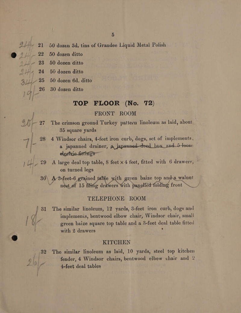 g ~~ » SS 50 dozen 8d. tins of Grandee Liquid Metal Polish 50 dozen ditto 50 dozen ditto 50 dozen ditto 50 dozen 6d. ditto 30 dozen ditto TOP FLOOR (No. 72) FRONT ROOM The crimson ground Turkey pattern linoleum as laid, about 35 square yards 4 Windsor chairs, 4-feet iron curb, dogs, set of implements, a japanned drainer, a japenned—deed_box_and-d-leose A large deal top table, 8 feet x 4 feet, fitted with 6 drawers, © on turned legs \ Ar8-feet-6 grained PN PRE baize top and.a walnut ~ néstLof 15 flitie drawers With panelled folding front \__/ TELEPHONE ROOM The similar linoleum, 12 yards, 3-feet iron curb, dogs and implemenis, bentwood elbow chair, Windsor chair, small green baize square top table and a 3-feet deal table fitted with 2 drawers . KITCHEN The similar linoleum as laid, 10 yards, steel top kitchen fender, 4 Windsor chairs, bentwood elbow chair and 2 4-feet deal tables