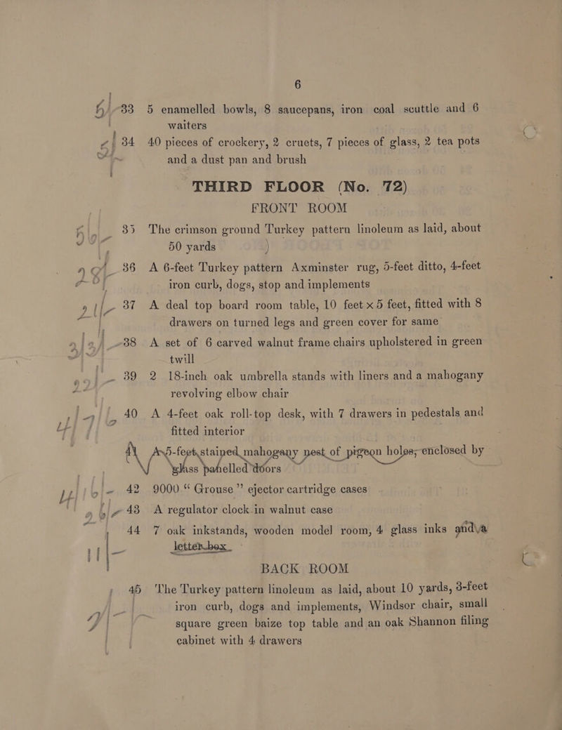 40) 4? 44 6 5 enamelled bowls, 8 saucepans, iron coal scuttle and 6 waiters 40 pieces of crockery, 2 cruets, 7 pieces of glass, 2 tea pots and a dust pan and brush | THIRD FLOOR (No. 172) FRONT ROOM The crimson ground Turkey pattern linoleum as laid, about 50 yards A 6-feet Turkey pattern Axminster rug, 5-feet ditto, 4-feet iron curb, dogs, stop and implements drawers on turned legs and green cover for same A set of 6 carved walnut frame chairs upholstered in green twill 2 18-inch oak umbrella stands with liners and a mahogany revolving elbow chair A 4-feet oak roll-top desk, with 7 ; aeeeeae in pedestals and fitted interior 9000 “ Grouse ’’ ejector eae cases A regulator clock-in walnut case 7 oak inkstands, wooden model room, 4 glass inks anda Jetterbox. BACK ROOM ‘The Turkey pattern linoleum as laid, about 10 yards, 3-feet iron curb, dogs and implements, Windsor chair, small square green baize top table and an oak Shannon filing cabinet with 4 drawers