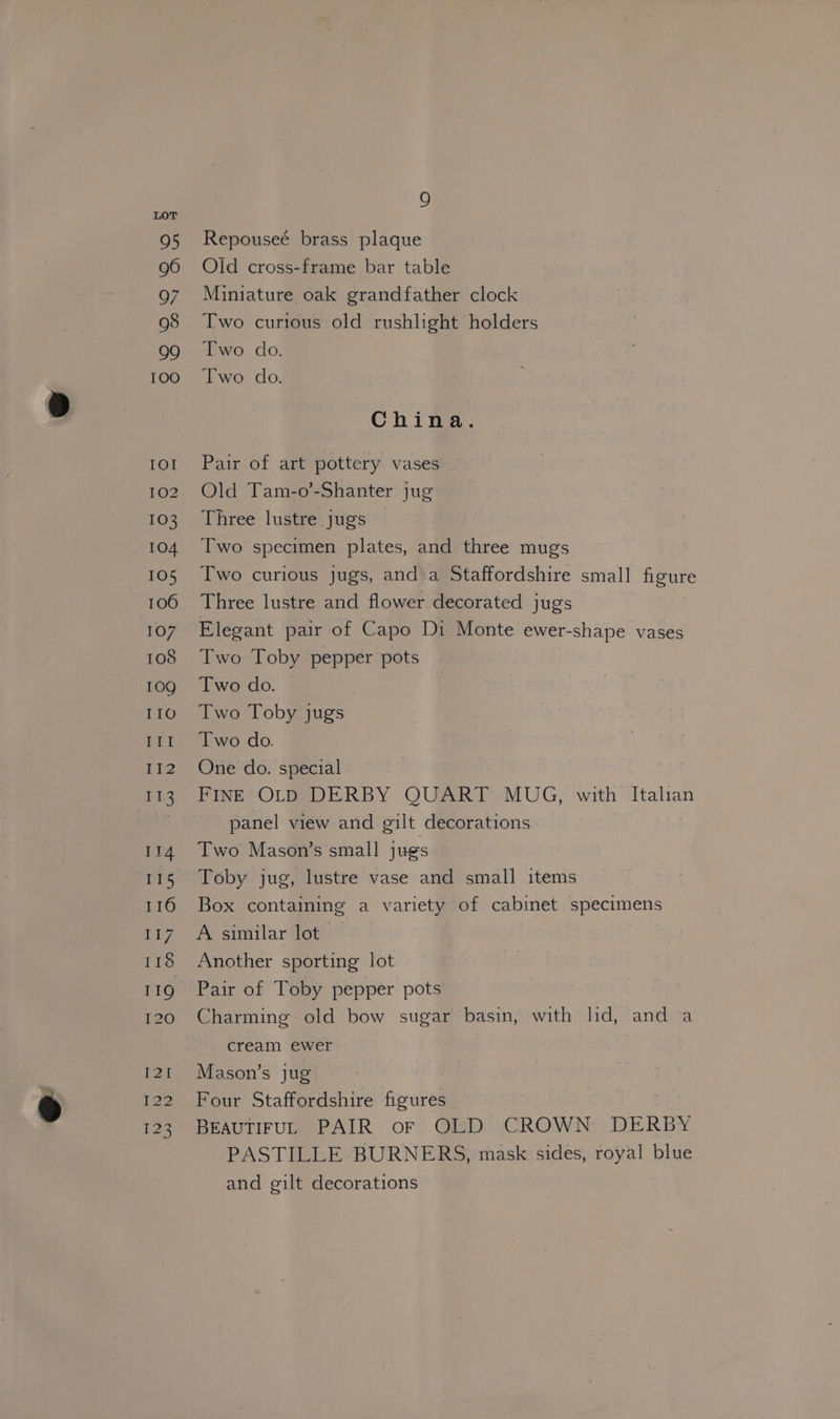 LOT 95 96 97 98 99 100 101 102 103 104 105 106 107 108 109 IIO Ei 112 113 114 115 116 ei 119 120 — 4 = hon Shoat) oS) KN = 9 Repouseé brass plaque Old cross-frame bar table Miniature oak grandfather clock Two curious old rushlight holders Two do. Two do. China. Pair of art pottery vases Old Tam-o’-Shanter jug Three lustre jugs Two specimen plates, and three mugs Two curious jugs, anda Staffordshire small figure Three lustre and flower decorated jugs Elegant pair of Capo Di Monte ewer-shape vases Two Toby pepper pots Two do. Two Toby jugs Two do. One do. special FINE OLD DERBY QUART MUG, with Italian panel view and gilt decorations Two Mason’s small jugs Toby jug, lustre vase and small items Box containing a variety of cabinet specimens A similar lot Another sporting lot Pair of Toby pepper pots Charming old bow sugar basin, with lid, and a cream ewer Mason’s jug Four Staffordshire figures BEAUTIFUL PAIR oF OLD CROWN DERBY PASTILLE BURNERS, mask sides, royal blue and gilt decorations
