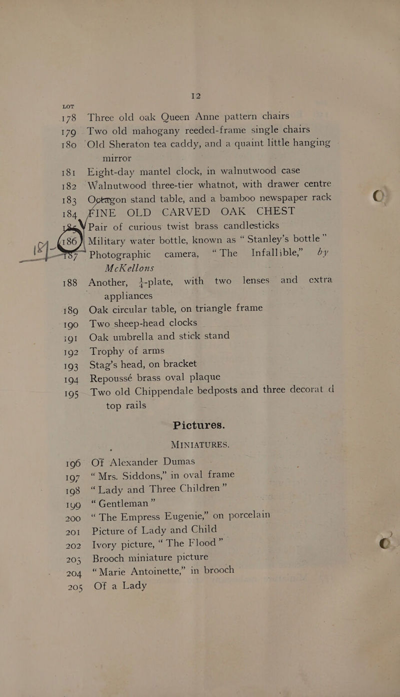 Three old oak Queen Anne pattern chairs Two old mahogany reeded-frame single chairs murror Eight-day mantel clock, in walnutwood case Octagon stand table, and a bamboo newspaper rack © FINE OLD CARVED OAK CHEST Pair of curious twist brass candlesticks McKellons appliances Oak circular table, on triangle frame Two sheep-head clocks Oak umbrella and stick stand Trophy of arms Stag’s head, on bracket Repoussé brass oval plaque Two old Chippendale bedposts and three decorat d top rails Pictures. MINIATURES. “Mrs. Siddons,” in oval frame “Lady and Three Children” “ Gentleman ” “The Empress Eugenie,” on porcelain Picture of Lady and Child — Ivory picture, “ The Flood” © Brooch miniature picture “Marie Antoinette,” in brooch Of a Lady