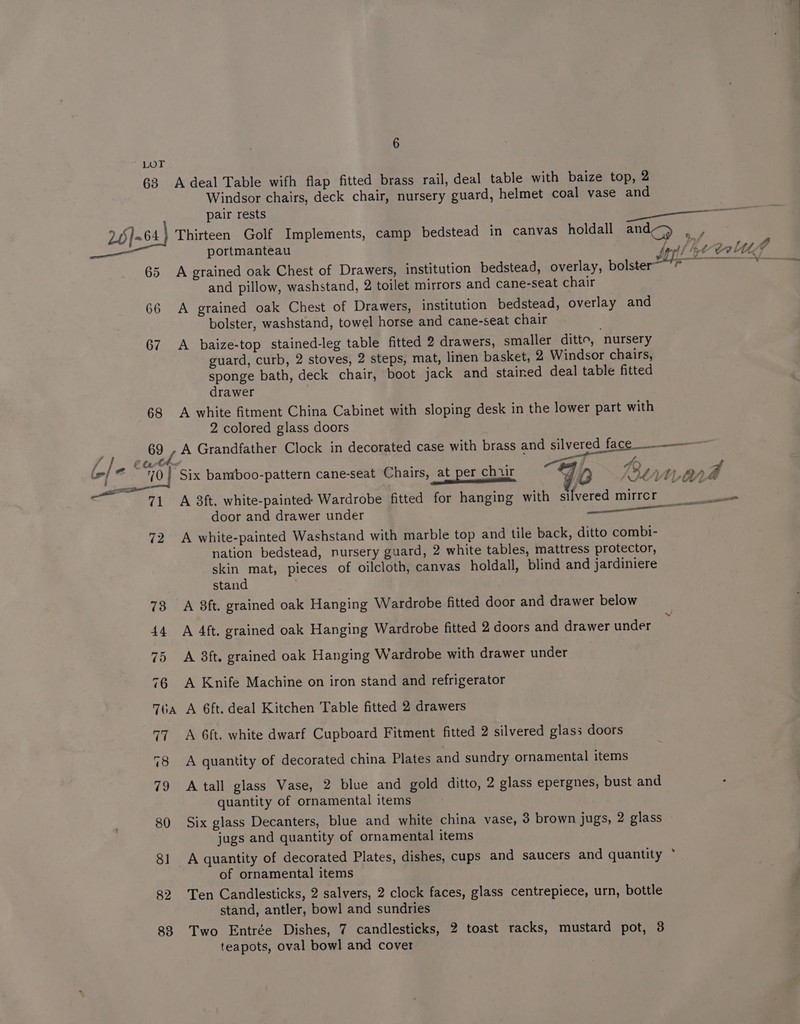 LOT 63 Adeal Table wifh flap fitted brass rail, deal table with baize top, 2 Windsor chairs, deck chair, nursery guard, helmet coal vase and pair rests 25 ]-64 Thirteen Golf Implements, camp bedstead in canvas holdall and ae portmanteau and pillow, washstand, 2 toilet mirrors and cane-seat chair 66 A grained oak Chest of Drawers, institution bedstead, overlay and bolster, washstand, towel horse and cane-seat chair 67 A baize-top stained-leg table fitted 2 drawers, smaller ditto, nursery guard, curb, 2 stoves, 2 steps, mat, linen basket, 2 Windsor chairs, sponge bath, deck chair, boot jack and stained deal table fitted drawer 68 A white fitment China Cabinet with sloping desk in the lower part with 2 colored glass doors ra ff door and drawer under 72 A white-painted Washstand with marble top and tile back, ditto combi- nation bedstead, nursery guard, 2 white tables, mattress protector, skin mat, pieces of oilcloth, canvas holdall, blind and jardiniere stand 73 A 8ft. grained oak Hanging Wardrobe fitted door and drawer below x/ 44 A 4ft. grained oak Hanging Wardrobe fitted 2 doors and drawer under 75 A 3ft. grained oak Hanging Wardrobe with drawer under 76 A Knife Machine on iron stand and refrigerator 70a A 6ft. deal Kitchen Table fitted 2 drawers 77 A Gft. white dwarf Cupboard Fitment fitted 2 silvered glass doors 78 A quantity of decorated china Plates and sundry ornamental items 79 &lt;Atall glass Vase, 2 blue and gold ditto, 2 glass epergnes, bust and quantity of ornamental items 80 Six glass Decanters, blue and white china vase, 3 brown jugs, 2 glass jugs and quantity of ornamental items 81 A quantity of decorated Plates, dishes, cups and saucers and quantity * of ornamental items 82 Ten Candlesticks, 2 salvers, 2 clock faces, glass centrepiece, urn, bottle stand, antler, bowl and sundries 83 Two Entrée Dishes, 7 candlesticks, 2 toast racks, mustard pot, 3 teapots, oval bowl and cover sae rr