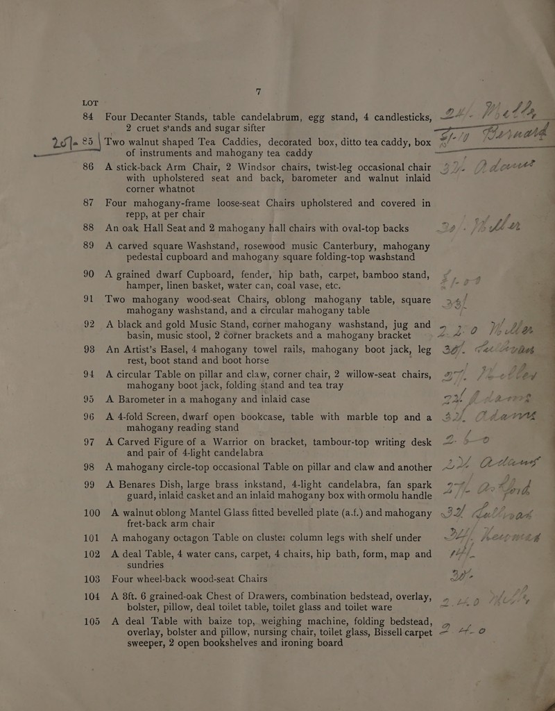 ie ee ee i LOT roy yy i //2 84 Four Decanter Stands, table candelabrum, egg stand, 4 candlesticks, —-—“ ~ / + oe Two walnut shaped Tea Caddies, decorated box, ditto tea caddy, box of instruments and mahogany tea caddy — 86 A stick-back Arm Chair, 2 Windsor chairs, twist-leg occasional chair 2. | A dou with upholstered seat and back, barometer and walnut inlaid corner whatnot 87 Four mahogany-frame loose-seat Chairs upholstered and covered in repp, at per chair Bay ie” 88 An oak Hall Seat and 2 mahogany hall chairs with oval-top backs 20/. Saya 89 A carved square Washstand, rosewood music Canterbury, mahogany pedestal cupboard and mahogany square folding-top washstand 90 &lt;A grained dwarf Cupboard, fender, hip bath, carpet, bamboo stand, hamper, linen basket, water can, coal vase, etc. 91 Two mahogany wood-seat Chairs, oblong mahogany table, square &gt; 4 mahogany washstand, and a circular mahogany table beet 92 A black and gold Music Stand, corner mahogany washstand, jug and -_ * y) 7) pf ~4 = = : / oe o Lf 4 7 basin, music stool, 2 corner brackets and a mahogany bracket Ae O To Cae ; : i y 2 2a 93 An Artist’s Easel, 4 mahogany towel rails, mahogany boot jack, leg 327. Cet “whey rest, boot stand and boot horse ae ee 94 A circular Table on pillar and claw, corner chair, 2 willow-seat chairs, 2%, / 6/1 @y mahogany boot jack, folding stand and tea tray | : : Nae fae a 95 A Barometer in a mahogany and inlaid case Ap i % 96 A 4-fold Screen, dwarf open bookcase, table with marble top and a mahogany reading stand 97 A Carved Figure of a Warrior on bracket, tambour-top writing desk &lt;2: 5—® and pair of 4-light candelabra 7 “oe tht 98 A mahogany circle-top occasional Table on pillar and claw and another ~’~” Athans 99 A Benares Dish, large brass inkstand, 4-light candelabra, fan spark 72&gt;” ;’ 4p yi guard, inlaid casket and an inlaid mahogany box with ormolu handle ) J } 2? , aa 100 A wainut oblong Mantel Glass fitted bevelled plate (a.f.) and mahogany IA Chath, »ak fret-back arm chair 101 A mahogany octagon Table on cluste: column legs with shelf under ys . SoCLL TLR 102 &lt;A deal Table, 4 water cans, carpet, 4 chairs, hip bath, form, map and Vee a sundries ra fe 103 Four wheel-back wood-seat Chairs ie 104 A 8ft. 6 grained-oak Chest of Drawers, combination bedstead, overlay, | ..- ,. x, bolster, pillow, deal toilet table, toilet glass and toilet ware aati So 105 &lt;A deal Table with baize top, weighing machine, folding bedstead, 7 overlay, bolster and pillow, nursing chair, toilet glass, Bissell carpet — “7- 9 sweeper, 2 open bookshelves and ironing board