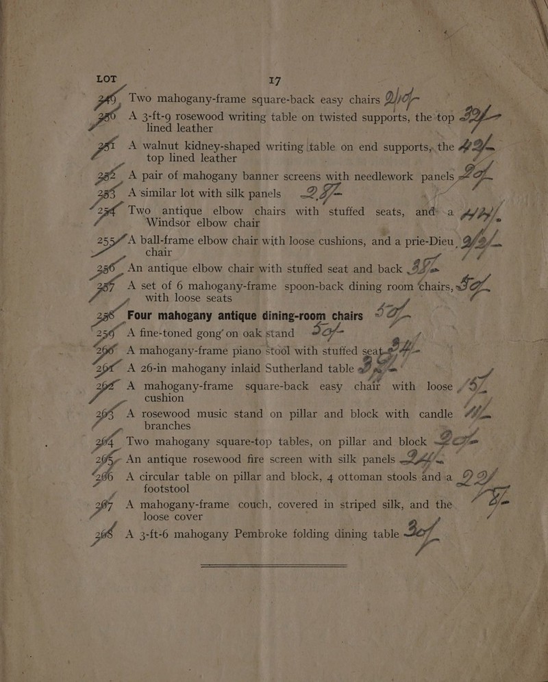 he LOT 17 Je; ea Two mahogany-frame square-back easy chairs od ti fe : | / 2 A 3-ft-9 rosewood writing table on twisted supports, on at iy | er lined leather : “as A walnut kidney-shaped writing ‘table on end supports, the BYa Bh top lined leather ‘a A pair of mahogany banner screens with needlework cig wn A’similar lot with silk panels wee z Two antique elbow chairs with stuffed seats, and a if Windsor elbow chair Wy. y A ball-frame elbow chair with loose cushions, nad a prie-Dieu ofl. aS chair Lif An antique elbow chair with stuffed seat and back ISL Soy a4 A set of 6 mahogany-frame spoon-back dining room chairs, with loose seats pas y PA Four mahogany antique dining-room chairs Sof | 5 A fine-toned gong’ on oak stand he | ee —: 5 A mahogany-frame piano stool with stuffed sea $y/. * 2 A 26-in mahogany inlaid Sutherland table Ite na ee | square-back easy chair with loose , (if A mahogany-frame cushion Fab gs A rosewood music stand on pillar and block with candle ML. 3 branches 36h Two mahogany square-top tables, on pillar and block 2% “of » An antique rosewood fire screen with silk panels . th de A circular table on pillar and block, 4 ottoman stools. andia ya 4 footstool AY. : 1 Bm f 387 A mahogany-frame couch, covered in striped silk, and the f : loose cover ad A 3-{t-6 mahogany Pembroke folding dining table Bef