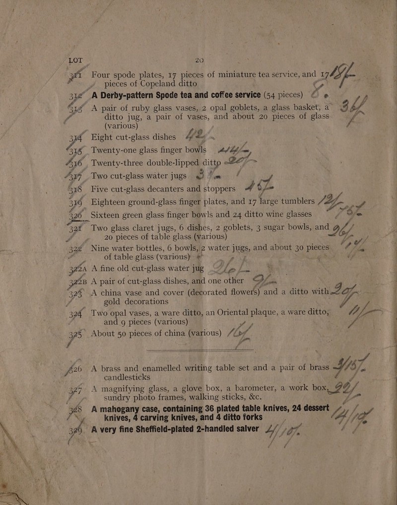 ft Four spode plates, 17 pieces of miniature tea service, and ifn “~y pieces of Copeland ditto 312° A Derby-pattern Spode tea and coffee service (54 pieces) a ° a Gud A pair of ruby glass vases, 2 opal goblets, a glass basket, a 3 y i ditto jug, a pair of vases, and about 20 pieces of glass ce : (various) f rg Eight cut-glass dishes Ye it 315 _. Twenty-one glass finger bowls ed thf “ 4x6 Twenty-three double-lipped oe Po7~ f y ref A Two cut-glass water jugs of = 318 Five cut-glass decanters and stoppers 4 ti 316 Eighteen ground-glass finger plates, and 17 large tumblers JYorypop 320 Sixteen green glass finger bowls and 24 ditto wine glasses “% AT a 32t Two glass claret jugs, 6 dishes, 2 goblets, 3 sugar bowls, and WA 20 pieces of table glass (various) es 328 - Nine water bottles, 6 bowls, 2 water Jugs, and about 30 picts if 7 of table glass (various) * mae’ dee ‘ 7 A A fine old cut-glass water jug 4p ‘ABs Wa A pair of cut- -glass dishes, and one other oy en : 32% A china vase and cover (decorated flowers) and a ditto with Jay / gold decorations iy 304 Two opal vases, a ware ditto, an Oriental plaque, a ware ditto, 4 Le , and _g pieces (various) tos f 4 # 325, About 50 pieces of china (various) List f Jr A brass and enamelled writing table set and a pair of brass Si candlesticks x A magnifying glass, a glove box, a barometer, a work box, Z2/ f sundry photo frames, walking sticks, &amp;c. | A mahogany case, containing 36 plated table knives, 24 dessert PD : a knives, 4 carving knives, and 4 ditto forks Yh lyf ; A very fine Sheffield-plated 2-handled salver Y Gn