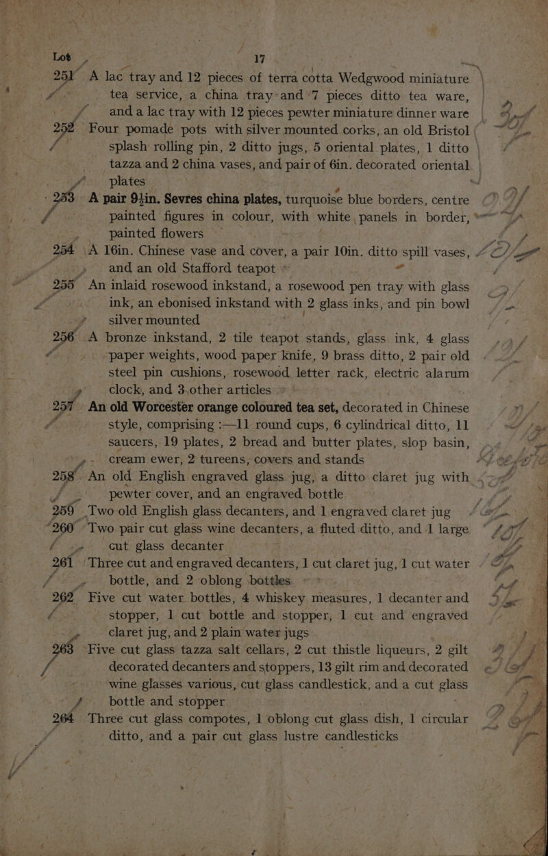 Lot, “1 251 A lac. tray and 12 pieces of terra cotta Wedgwood miniature / anda lac tray with 12 pieces pewter miniature dinner ware pelt Four pomade pots with silver mounted corks, an old Bristol | Ass; splash rolling pin, 2 ditto jugs, 5 oriental plates, 1 ditto tazza and 2 china vases, and pair of 6in. decorated oriental. ; plates : y | “. 258 A pair 94in. Sevres china plates, turquoise blue borders, centre VA } saihted figures in colour, with Ware panels in border, *” painted flowers — Ce. a and an old Stafford teapot ° ‘3 255° An inlaid rosewood inkstand, a rosewood pen tray with glass | y ink, an ebonised inkstand byt! 2 glass inks, and pin bowl = . silver mounted 256 A bronze inkstand, 2 tile teapot stands, glass ink, 4 glass “. “paper weights, wood paper knife, 9 brass ditto, 2 pair old _ steel pin cushions, rosewood letter rack, plestac alarum clock, and 3,other articles 257. An old Worcester orange coloured tea set, deco fated in Chinese style, comprising :—1] round cups, 6 cylindrical ditto, 11 of oa saucers, 19 plates, 2 bread and butter plates, slop basin, .¢ “se “»- cream ewer, 2 tureens, covers and stands WS Cbs DT Fe 258° An old English engraved glass jug, a ditto claret jug with . son c pewter cover, and an engraved. bottle ae 2 25h .Two old English glass decanters, and 1 engraved claret jug p | ‘260° Two pair cut glass wine decanters, a fluted ditto, and 1 large P waite e cut glass decanter ; ay 261 Three cut and engraved decanters, | cut claret jug, 1 cut water » ©; f . _ pottle, and 2 oblong bottles 26% Five cut water bottles, 4 whiskey measures, 1 decanter and P abet stopper, 1 cut bottle and stopper, 1 cut and engraved ; claret jug, and 2 plain water jugs 3 Five cut glass tazza salt cellars, 2 cut thistle liqueurs, 2 gilt yA decorated decanters and stoppers, 13 gilt rim and decorated wine glasses various, cut glass candlestick, and a cut eee bottle and stopper 264 Three cut glass compotes, 1 oblong cut ak dish, 1 circular | ditto, and a pair cut glass lustre candlesticks
