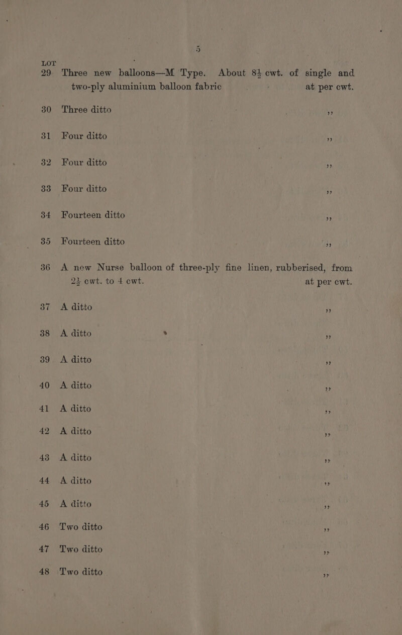 LOT : 29 Three new balloons—M Type. About 84 cwt. of single and two-ply aluminium balloon fabric at per cwt. 30 Three ditto , | 9 31 Four ditto ¥ 32 Four ditto | 4 33 Font ditto a 34 Fourteen ditto oe 35 Fourteen ditto »” 36 A new Nurse balloon of three-ply fine linen, rubberised, from 24 cwt. to 4 cwt. at per cwt. 37 A ditto 0 38 A ditto ° 9 39 &lt;A ditto | ; ” 40 A ditto » 41 A ditto Woes 42 A ditto ” 43 A ditto a 44 A ditto | | | 4 45 &lt;A ditto ‘i 46 Two ditto ie 47 Two ditto # 48 Two ditto ”