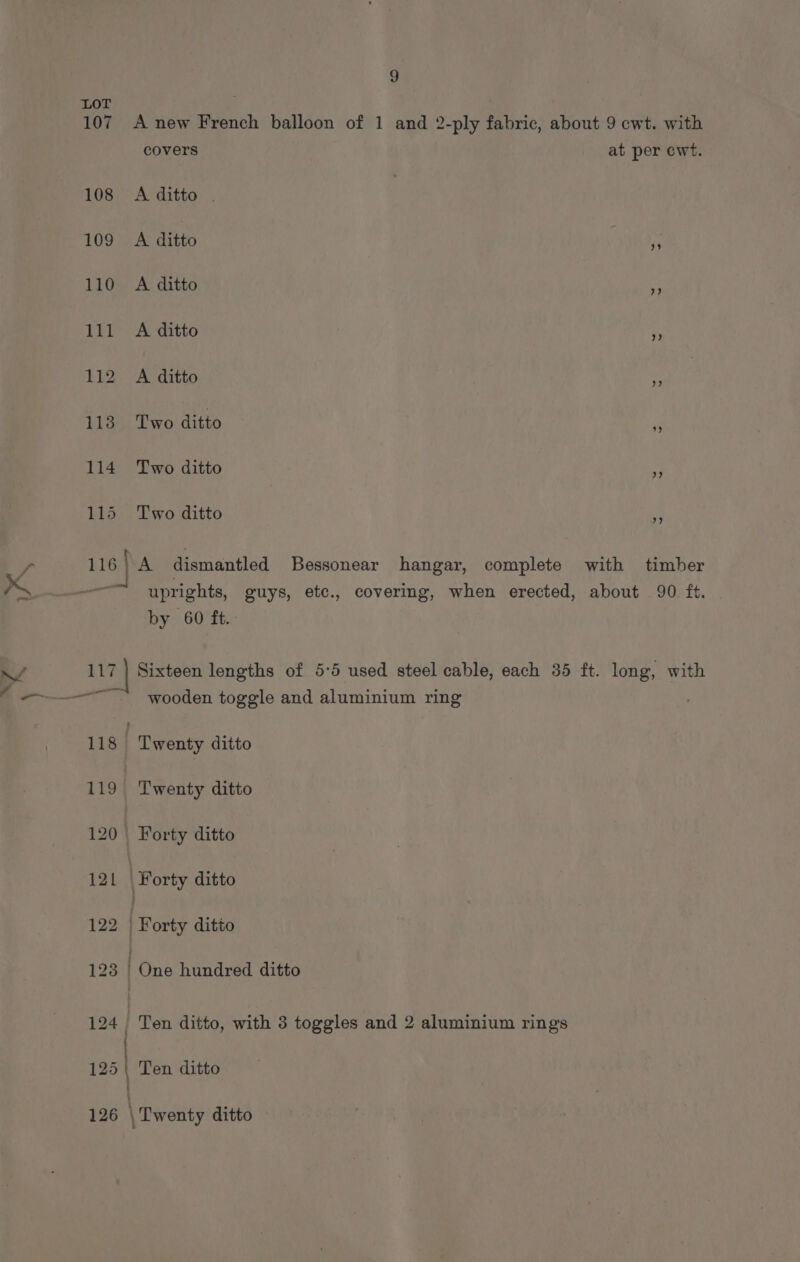 LOT 107 A new French balloon of 1 and 2-ply fabric, about 9 ewt. with covers at per cwt. 108 A ditto . 109 A ditto 110 A ditto 111 A ditto 112 A ditto 113 Two ditto 114 Two ditto 115 Two ditto 116 |\A dismantled Bessonear hangar, complete with timber uprights, guys, etc., covering, when erected, about 90 ft. by 60 ft. 117 } Sixteen lengths of 5:5 used steel cable, each 35 ft. long, with ~~ wooden toggle and aluminium ring 118 . Twenty ditto 119 Twenty ditto 120 | Forty ditto 121 | Forty ditto 122 | Forty ditto 123 One hundred ditto 124, Ten ditto, with 3 toggles and 2 aluminium rings ) 125 | Ten ditto 126 \ Twenty ditto