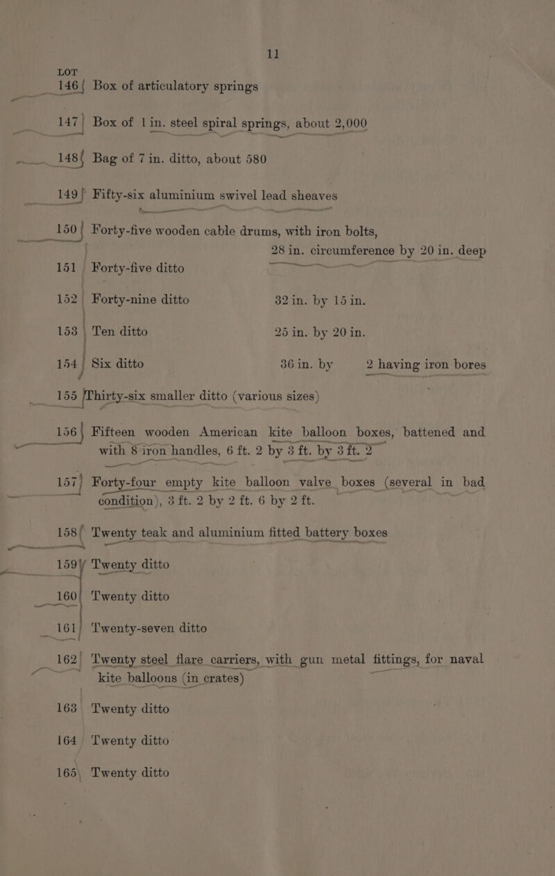 1] LOT 147 | Box of Lin. steel spiral springs, about 2,000 | a 28 in. wl egaieketate by 20 in. deep Se 1 Forty-five ditto 152. Forty-nine ditto 32 in. by 15 in. 153 | Ten ditto 25 in. by 20 in. 154 Six ditto 36 in. by 2 having iron bores 156\ Fifteen wooden American kite balloon boxes, battened and with 83 iron handles, 6 tt. 2 by 3 £6 by” 3 ft. yA ee ae 157] Forty-four nets kite balloon valve boxes (several in bad — | nae ondition), t. 2 by 2 ft. 6 by 2tt. ——— - ns 162. Twenty steel flare carriers, with gun metal Uitte “SP for naval kite balloons (in_ crates) 163 Twenty ditto 164 Twenty ditto