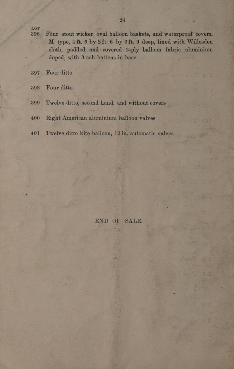 396 401 24 oe Four stout wicker oval balloon baskets, and waterproof covers, M type, 4ft. 6 by 2ft. 6 by 3ft. 9 deep, lined with Willesden cloth, padded and covered 2-ply balloon fabric aluminium doped, with 3 ash battens in base Four ditto Four ditto Twelve ditto, second hand, and without covers Eight American aluminium balloon valves Twelve ditto kite balloon, 12 in. automatic valves END OF SALE.