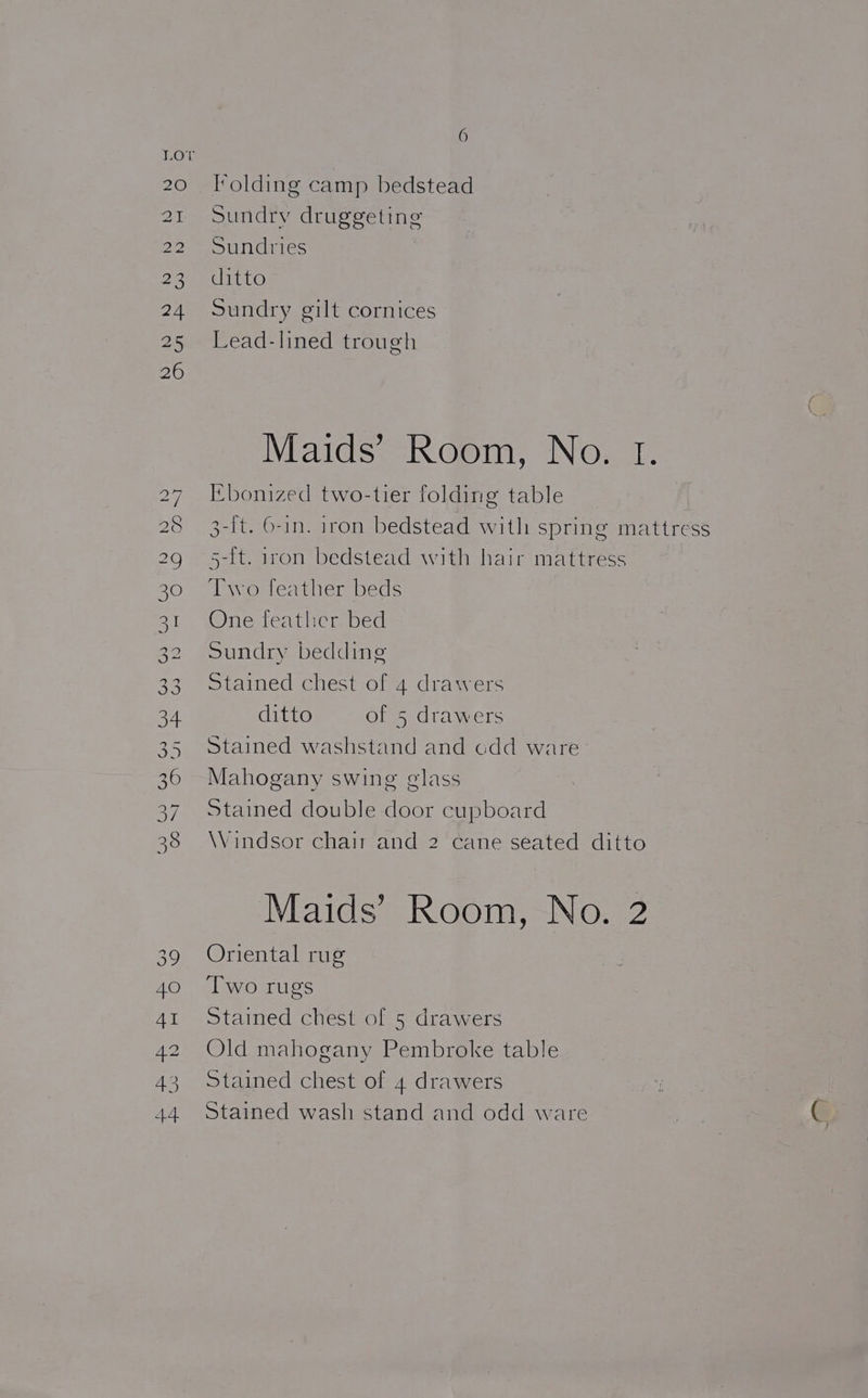 Oe, xy Los Ow St iSO) Coe 6 folding camp bedstead Sundry druggeting Sundries | ditto Sundry gilt cornices Lead-lined trough Veaids=-K Gem, INOw I. Ebonized two-tier folding table 5-it. 1ron bedstead with hair mattress One feather bed Sundry bedding Stained chest of 4 drawers ditto of 5 drawers Stained washstand and odd ware Mahogany swing glass Stained double door cupboard Windsor chair and 2 cane seated ditto Maids’ Room, No. 2 Oriental rug Two rugs Stained chest of 5 drawers Old mahogany Pembroke table Stained chest of 4 drawers Stained wash stand and odd ware