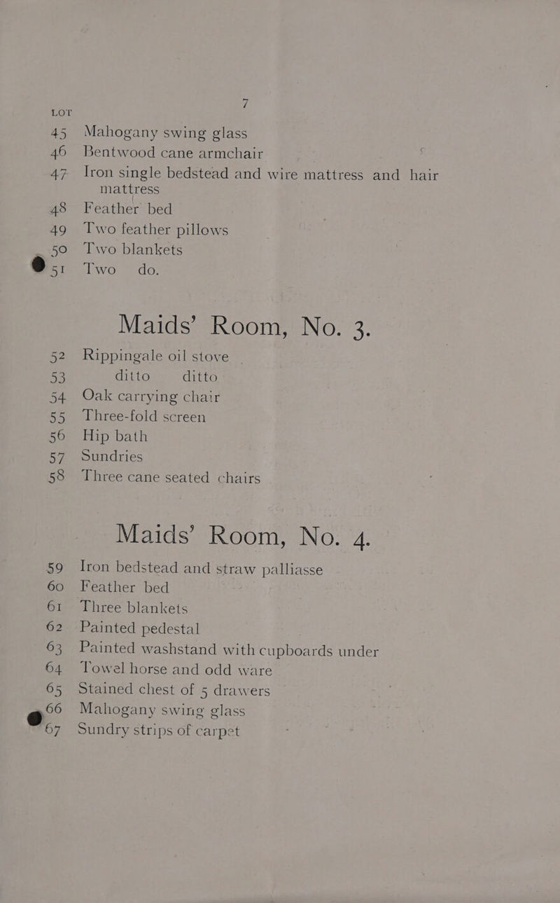 Mahogany swing glass Bentwood cane armchair Iron single bedstead and wire mattress and_ hair mattress Feather bed Two feather pillows Two blankets NEMen | Helos Maids’ Room, No. 3. Rippingale oil stove ~ ditto ditto Oak carrying chair Three-fold screen Hip bath Sundries Three cane seated chairs Maids’ Room, No. 4. | Iron bedstead and straw palliasse Feather bed Three blankets Painted pedestal | Painted washstand with cupboards under Towel horse and odd ware Stained chest of 5 drawers Mahogany swing glass Sundry strips of carpet