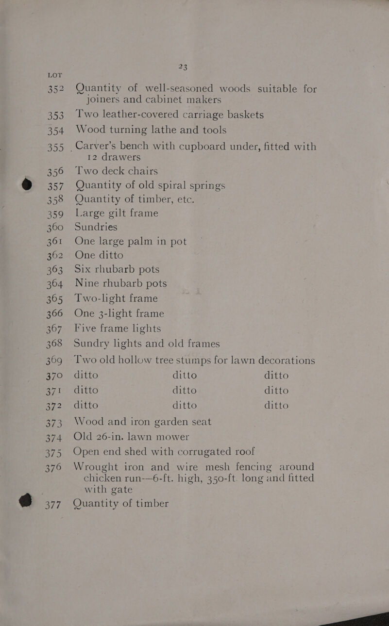 Ouantity of well-seasoned woods suitable for joiners and cabinet makers ‘Two leather-covered carriage baskets Wood turning lathe and tools 12 drawers Two deck chairs Quantity of old spiral springs Quantity of timber, etc. Large gilt frame Sundries One large palm in pot One ditto Six rhubarb pots Nine rhubarb pots Two-light frame One 3-light frame live frame lights Sundry lights and old frames Two old hollow tree stumps for lawn decorations ditto ditto ditto ditto ditto ditto ditto ditto ditto Wood and iron garden seat Old 26-in. lawn mower Open end shed with corrugated roof Wrought iron and wire mesh fencing around chicken run-—6-ft. high, 350-ft. long and fitted with gate Quantity of timber