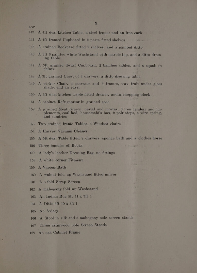 166 167 9 A 4ft deal kitchen Table, a steel fender and an iron curb A 4ft framed Cupboard in 2 parts fitted shelves A stained Bookcase fitted 7 shelves, and a painted ditto A 3ft 6 painted white Washstand with marble top, and a ditto dress- ing table ° A ae grained dwarf Cupboard, 2 bamboo tables, and a squab in chintz A 3ft grained Chest of 4 drawers, a ditto dressing table A wicker Chair, 4 canvases and 5 frames, wax fruit under glass shade, and an easel A 6ft deal kitchen Table fitted drawer, and.a chopping block A cabinet Refrigerator in grained case Eds A grained Meat Screen, pestal and mortar, 3 iron fenders and im- plements, coal hod, housemaid’s box, 2 pair steps, a wire spring and sundries Two stained frame Tables, 4 Wiudsor chairs A Harvey Vacuum Cleaner A 5ft deal Table fitted 2 drawers, sponge bath and a clothes horse Three bundles of Books A lady’s leather Dressing Bag, no fittings A white corner Fitment A Vapour Bath A walnut fold up Washstand fitted mirror A 6 fold Scrap Screen A mahogany fold uo Washstand An Indian Rug 5ft 11 x 3ft 1 A Ditto 5ft 10 x 3ft 1 An Aviary A Stool in silk and 3 mahogany pole screen stands Three satinwood pole Screen Stands