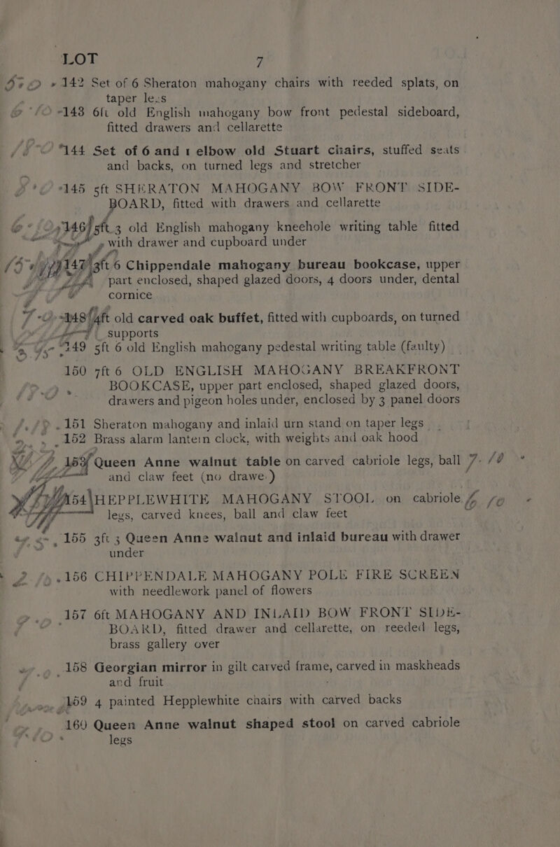 AGO» iv 142 Set of 6 Sheraton mahogany chairs with reeded splats, on taper Jeus fitted drawers and cellarette and backs, on turned legs and stretcher BOARD, fitted with drawers and cellarette igs 7 a aa. with drawer and cupboard under preys 6 Chippendale mahogany bureau bookcase, upper .@, part enclosed, shaped glazed doors, 4 doors under, dental we cornice f a ;s j 150 7ft6 OLD ENGLISH MAHOGANY BREAKFRONT BOOKCASE, upper part enclosed, shaped glazed doors, drawers and pigeon holes under, enclosed by 3 panel doors 152 Brass alarm lantein clock, with weights and oak hood ji? and claw feet (no drawe:) HEPPLEWHITE MAHOGANY STOOL on_ cabriole legs, carved knees, ball and claw feet under » 156 CHIPPENDALE MAHOGANY POLE FIRE SCREEN with needlework panel of flowers 157 6ft MAHOGANY AND INLAID BOW FRONT SIDE- BOARD, fitted drawer and cellarette, on reeded legs, brass gallery over 158 Georgian mirror in gilt carved Hane, carved in maskheads and fruit 4 + * 160 Queen Anne walnut shaped stool on carved cabriole legs