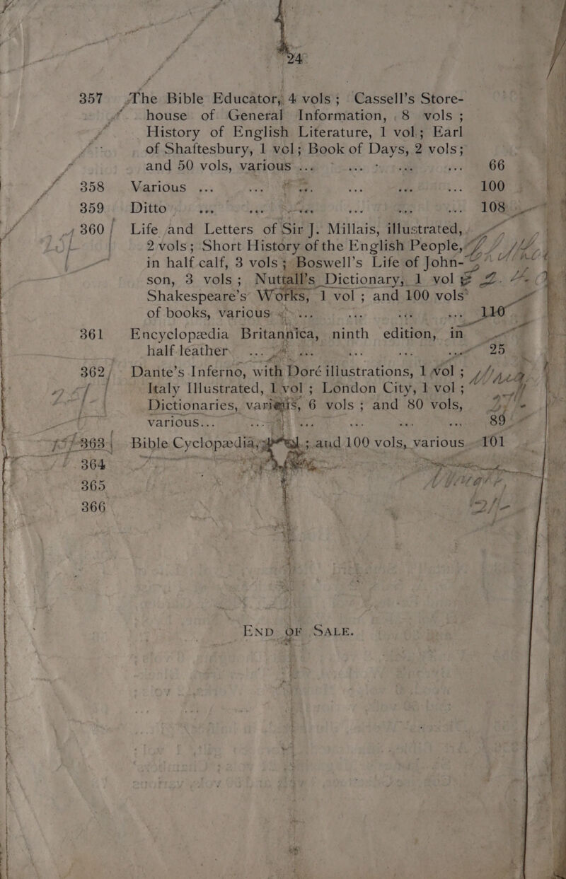 tit je LE ne rated oe 75£363; Bible Cyclopedia ‘al.;. oat 100 vols, various. 101 r 365 ae, pocghe ¥ 366 ee Ti 357 The Bible Educator, 4 vols; Cassell’s Store- ... house of General Information, .8 vols ; ¥ History of English Literature, 1 vol; Earl of Shaftesbury, 1 vol; Book of ae 2 Holes and 50 vols, various Sol) fen ; , 66 359.1 Ditto Ls Tig)” Ce a elo Te ae 4360} Life and betters of Sir J. Millais, illus trated, oe { | : ee in oe calf, 3 vols; Boswell’s Life of John- . ‘Bon son, 3 vols ; Nutt tall’s pictiogars 1 vol 4 Ae (BS Shakespeare’s’ W« Mt ks, 1 2 of books, various «&gt;... 361 Encyclopedia Britannica, ninth Aiea: in Sa half leather 4 “as be ae 8 pe 362 Dante’s Inferno, with Doré Hie ecstisn’ 1 ol ; ; y) neh END- OF SALE. a