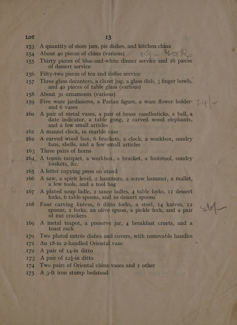 153 154 155 156 157 158 - 159 160 161 162 163 165 166 167 168 169 170 171 172 173 174 175 A quantity of store jars, pie dishes, and ee china ~ About 40 pieces of china (various) yr Me Thirty pieces of blue-and-white dinner service and 16 pieces of dessert service Fifty-two pieces of tea and coffee service and 40 pieces of table glass (various) About 30 ornaments (various) and 6 vases A pair of metal vases, a pair of brass candlesticks, a bell, a date indicator, a table gong, 2 carved wood elephants, and a few small articles A mantel clock, in marble case A carved wood box, 6 brackets, a clock, a workbox, sundry fans, shells, and a few small articles Three pairs of horns A tennis racquet, a workbox, a bracket, a footstool, sundry baskets, &amp;c. A letter copying press on stand A saw, a spirit level, 2 hammers, a screw hammer, a mallet, a few tools, and a tool bag A plated soup ladle, 2 sauce ladles, 4 table forks, 11 dessert forks, 6 table spoons, and Io dessert spoons spoons, 2 forks, an olive spoon, a pickle fork, and a pair of nut crackers A metal teapot, a preserve jar, 4 breakfast cruets, and a toast rack Two plated entrée dishes and covers, with removable handles An 18-in 2-handled Oriental vase A pair of 14-in ditto A pair of 12$-in ditto Two pairs of Oriental china vases and 1 other A 3-ft iron stump bedstead