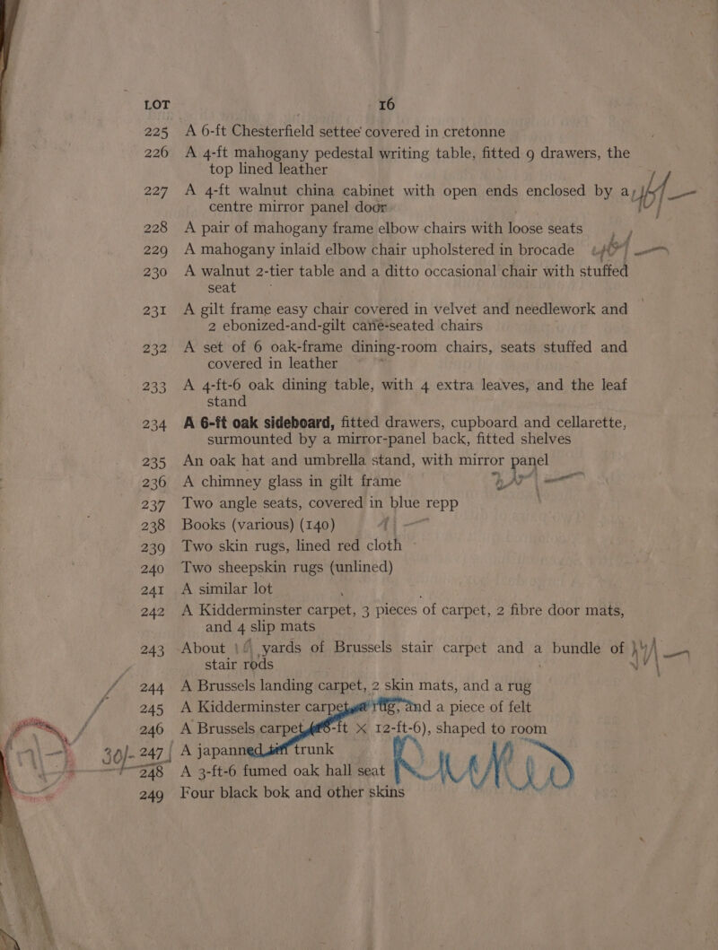 225 A 6-ft Chesterfield settee covered in cretonne 226 A 4-ft mahogany pedestal writing table, fitted 9 drawers, the top lined leather y 227 A 4-{t walnut china cabinet with open ends enclosed by ay jg? = centre mirror panel door. V} 228 <A pair of mahogany frame elbow chairs with ee seats ; 229 A mahogany inlaid elbow chair upholstered in brocade ig > 1 230 A walnut 2-tier table and a ditto occasional chair with stuffed seat 231 A gilt frame easy chair covered in velvet and needlework and 2 ebonized-and-gilt cane-seated chairs 232 <A set of 6 oak-frame dining-room chairs, seats stuffed and covered in leather 233 A 4-ft-6 oak dining table, with 4 extra leaves, and the leaf stand 234 A 6-ft oak sideboard, fitted drawers, cupboard and cellarette, surmounted by a mirror-panel back, fitted shelves 235 An oak hat and umbrella stand, with mirror ae 230° A chimney glass in gilt frame 237 Two angle seats, covered in blue repp 238 Books (various) (140) Ain 239 Two skin rugs, lined red cloth 240 Two sheepskin rugs (unlined) 241 A similar lot 242 A Kidderminster carpet, 3 pieces of carpet, 2 fibre door mats, and 4 ship mats 243 About |{ yards of Brussels stair carpet and a Brust ie of Wd pee stair has ¥ “244 A Brussels landing carpet, 2 skin mats, and a rug fi 245 A Kidderminster carp vrtig; and a piece of felt %, f 240 A Brussels carpetf6-ft x 12-ft- 6), ), shaped to room \ 50)- 247 | A japanned_séff trunk dhe ORs “248 <A 3-ft-6 fumed oak hall seat 249 Four black bok and other skins
