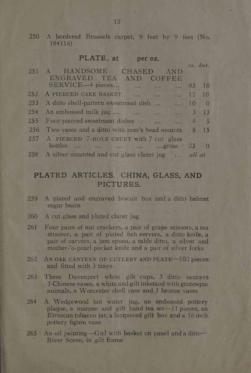 ie. 184118) PLATE vat per oz... oz. dwt. A HANDSOME CHASED AND ENGRAVED, TEA AND “COFFEE SERVICE—4 pieces.. : 83) 1:10 A PIERCED CAKE BASKET ie hp Si ae A ditto shell-pattern sweetmeat dish ... PR 1 ea 8) An embossed milk jug ... A roy ee me wles) Four pierced sweetmeat dishes te yee ea 5 Two vases one a ditto with ram’s head mounts Ser ks A PIERCED 7-HOLE CRUET with 7 cut glass bottles... Me we OTOSs ih FZ dO AL) A silver mounted and cut oleae ee que Oe sadlb ae 259 264 Paci U RES: A plated and engraved biscuit box anda ditto helmet sugar basin A cut glass and plated claret jug Four pairs of nut crackers, a pair of grape scissors, a tea strainer, a pair of plated fish servers, a ditto knife, a pair of carvers, a jam spoon, a table ditto, a silver and mother-’o-pearl pocket knife and a pair of silver forks AN OAK CANTEEN OF CUTLERY AND PLATE—102 pieces: and fitted with 3 trays Three Davenport white gilt cups, 3 ditto saucers 3 Chinese vases, a white and gilt inkstand with grotesque animals, a Worcester shell vase and 3 bronze. vases A Wedgewood hot water jug, an embossed pottery plaque, a marone and gilt band tea set—11 pieces, an Etruscan tobacco jar, a lacquered gilt box anda 16 inch. pottery figure vase - An oil painting —Girl with basket on panel and a ditto— River Scene, in gilt frame | |