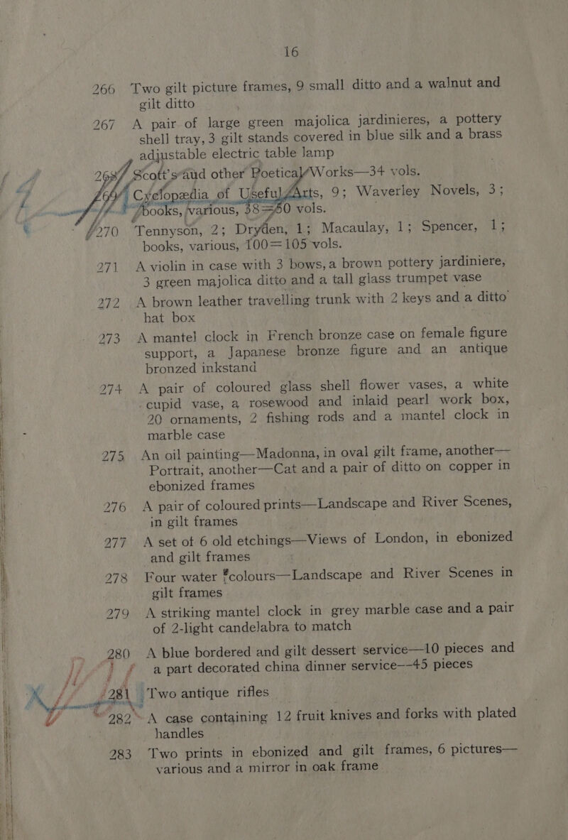 266 Two gilt picture frames, 9 small ditto and a walnut and gilt ditto 267 A pair of large green majolica jardinieres, a pottery shell tray, 3 gilt stands covered in blue silk and a brass adjustable electric table Jamp 3/ Scott’s’aud other Poetical/W orks—3+4 vols. £6/ Covi tt Useful ZArts, 9; Waverley Novels, 3; wif fd PBooks, Warious, $8360 vols. . / y [ y £270 Tennyson, 2; Dryden, 1; Macaulay, 1; Spencer, 1; books, various, 100= 105 vols. 271 A violin in case with 3 bows, a brown pottery jardiniere, 3 green majolica ditto and a tall glass trumpet vase 272 \ brown leather travelling trunk with 2 keys and a ditto hat box 273 A mantel clock in French bronze case on female figure support, a Japanese bronze figure and an antique bronzed inkstand 274 A pair of coloured glass shell flower vases, a white cupid vase, a rosewood and inlaid pearl work box, 20 ornaments, 2 fishing rods and a mantel clock in marble case 275, An oil painting—Madonna, in oval gilt frame, another— Portrait, another—Cat and a pair of ditto on copper in ebonized frames 276 A pair of coloured prints—Landscape and River Scenes, in gilt frames . 277 A set ot 6 old etchings—Views of London, in ebonized and gilt frames 278 Four water ®colours—Landscape and River Scenes in gilt frames : 279 A striking mantel clock in grey marble case and a pair of 2-light candelabra to match 28() A blue bordered and gilt dessert service—10 pieces and | fa part decorated china dinner service--45 pieces ' (281 Two antique rifles “9389 \ case containing 12 fruit knives and forks with plated handles 283 Two prints in ebonized and gilt frames, 6 pictures— various and a mirror in oak frame