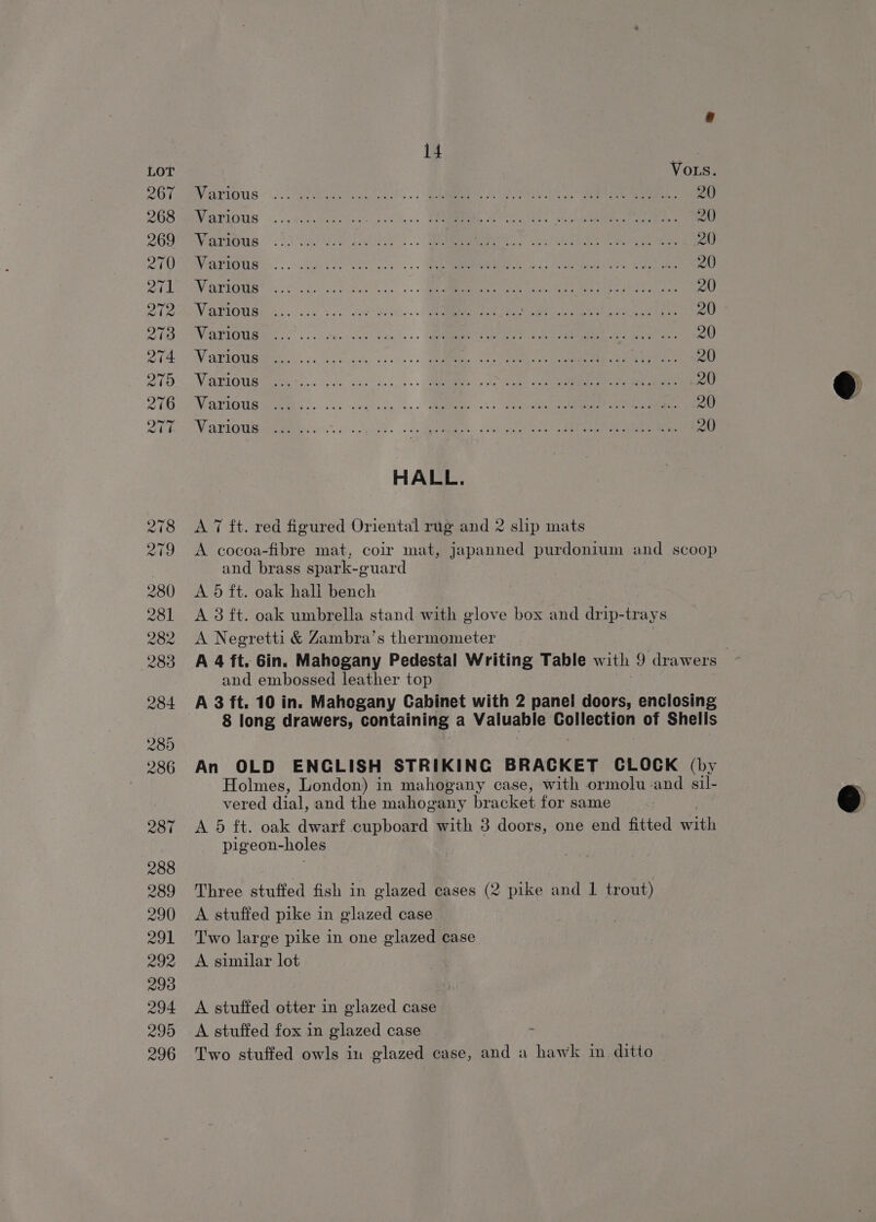 OLS Various © 2. cee eat aah. SRM, Dy CAS GU aee ee WaPIPUS 0 rec cbes er kk SUM ee ks al en ek Vursoas S20 Se ii .. Re ee eeee WVAPEOUVS «cla ide vic. cre +. QQMREREMIDR J ceenae tah oc athe me eaten VATIONS ck che kadlskk oi... SRR ae eee ar Jka eee) VAPOR Bios co eck Se aes. EE See eae oe ce eres MAPVOUG Or. oo sc aac cea can). GED ERE ce eeeaee oes roe nica V ATIOUSMt os hc ede cee) «+s HMMEEGs: Cis GoD nba cor ecu eanae re Sanaa WARIGUST ets. cc. cee os. y+ RRM cy he ese &gt; erent clea ee Wea TEQVbegte ce ASS. «oe UG Ia . oOet pe ation re Ae ee a HALL. A 7 ft. red figured Oriental rug and 2 slip mats A cocoa-fibre mat, coir mat, japanned purdonium and scoop and brass spark-guard A 5 ft. oak hali bench A 3 ft. oak umbrella stand with glove box and drip-trays A Negretti &amp; Zambra’s thermometer A 4 ft. Gin. Mahogany Pedestal Writing Table with 9 drawers : and embossed leather top A 3 ft. 10 in. Mahogany Cabinet with 2 panel doors, enclosing 8 long drawers, containing a Valuable ee of Shells An OLD ENGLISH STRIKING BRACKET CLOCK (by Holmes, London) in mahogany case, with ormolu and sil- vered dial, and the mahogany bracket for same A 5 ft. oak dwarf cupboard with 3 doors, one end fitted with pigeon-holes Three stuffed fish in glazed cases (2 pike and 1 trout) A stuffed pike in glazed case Two large pike in one glazed case A similar lot A stuffed otter in glazed case A stuffed fox in glazed case i Two stuffed owls in glazed case, and a hawk in ditto