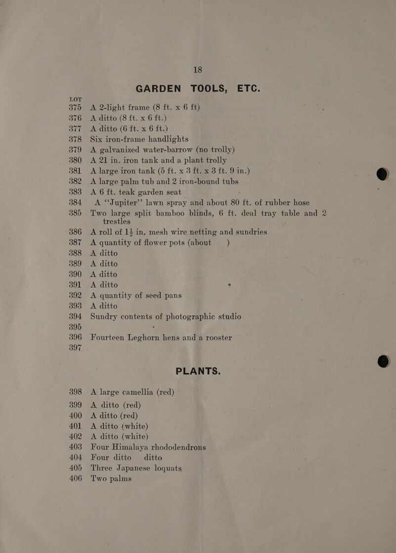 376 OTT 378 O79 380 381 382 383 384 385 386 387 388 389 390 o91 392 393 394 395 396 397 398 399 400 401 402 403 404 405 406 18 GARDEN TOOLS, ETC. A 2-light frame (8 ft. x 6 ft) A ditto (8 ft. x 6 ft.) A ditto (6 ft. x 6 ft.) Six iron-frame handlights A galvanized water-barrow (no trolly) A 21 in. iron tank and a plant trolly A large iron tank (5 ft. x 3 ft. x 3 ft. 9 in.) A large palm tub and 2 iron-bound tubs A 6 ft. teak garden seat A “Jupiter”? lawn spray and about 80 ft. of rubber hose Two large split bamboo blinds, 6 ft. deal tray table and 2 trestles | A roll of 14 in. mesh wire netting and sundries A quantity of flower pots (about ) A ditto A ditto A ditto A ditto . A quantity of seed pans A ditto Sundry contents of photographic studio Fourteen Leghorn hens and a rooster PLANTS. A large camellia (red) A ditto (red) A ditto (red) A ditto (white) A ditto (white) Four Himalaya rhododendrons Four ditto ditto Three Japanese loquats Two palms