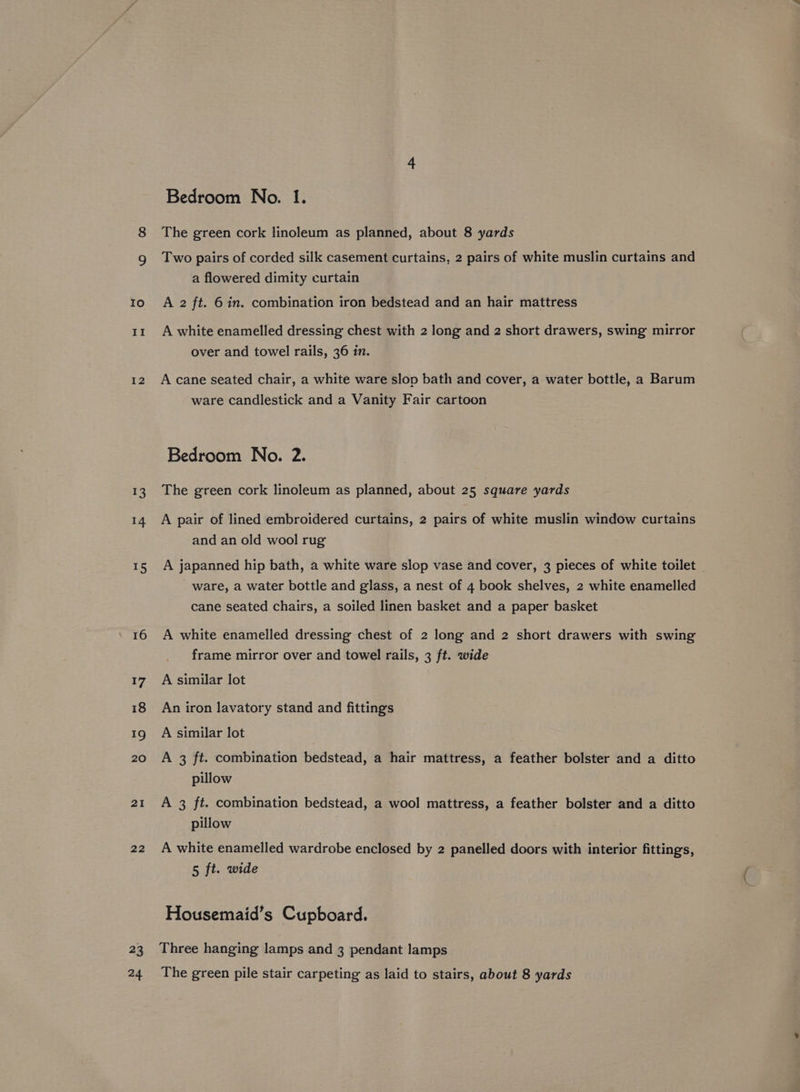 12 13 14 LS 16 17 18 19 20 21 22 23 24 Bedroom No. 1. The green cork linoleum as planned, about 8 yards Two pairs of corded silk casement curtains, 2 pairs of white muslin curtains and a flowered dimity curtain A 2 ft. 6 in. combination iron bedstead and an hair mattress over and towel rails, 36 in. A cane seated chair, a white ware slop bath and cover, a water bottle, a Barum ware candlestick and a Vanity Fair cartoon Bedroom No. 2. The green cork linoleum as planned, about 25 square yards A pair of lined embroidered curtains, 2 pairs of white muslin window curtains and an old wool rug A japanned hip bath, a white ware slop vase and cover, 3 pieces of white toilet ware, a water bottle and glass, a nest of 4 book shelves, 2 white enamelled cane seated chairs, a soiled linen basket and a paper basket A white enamelled dressing chest of 2 long and 2 short drawers with swing frame mirror over and towel rails, 3 ft. wide A similar lot An iron lavatory stand and fittings A similar lot A 3 ft. combination bedstead, a hair mattress, a feather bolster and a ditto pillow A 3 ft. combination bedstead, a wool mattress, a feather bolster and a ditto pillow A white enamelled wardrobe enclosed by 2 panelled doors with interior fittings, 5 ft. wide Housemaid’s Cupboard. Three hanging lamps and 3 pendant lamps The green pile stair carpeting as laid to stairs, about 8 yards