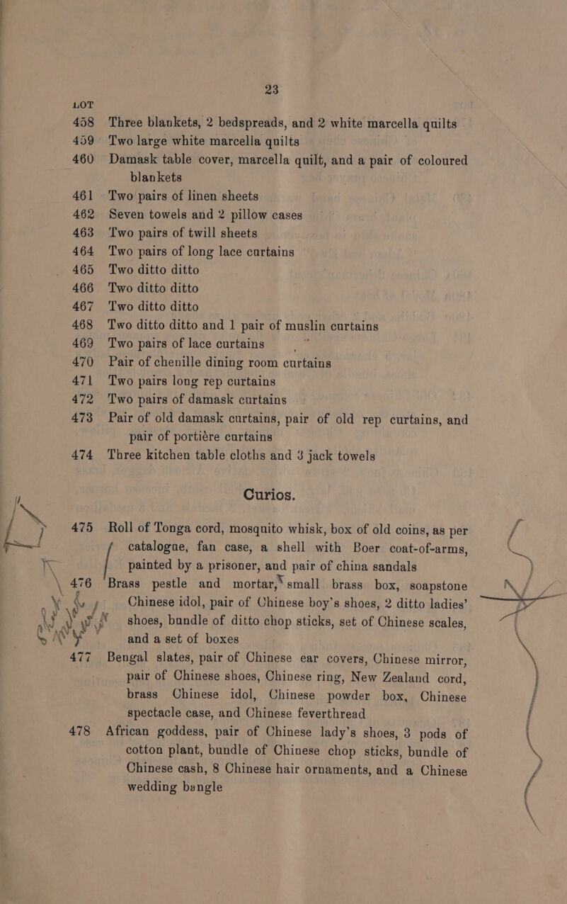 458 Three blankets, 2 bedspreads, and 2 white marcella quilts 459 Two large white marcella quilts a)” 460 Damask table cover, marcella quilt, and a pair of coloured blankets 461 Two pairs of linen sheets 462 Seven towels and 2 pillow cases 463 ‘Two pairs of twill sheets 464 Two pairs of long lace curtains 465 Two ditto ditto 466 Two ditto ditto 467 Two ditto ditto 468 ‘Two ditto ditto and 1 pair of muslin curtains 469 Two pairs of lace curtains 470 Pair of chenille dining room curtains 471 Two pairs long rep curtains 472 Two pairs of damask curtains 473 Pair of old damask curtains, pair of old rep curtains, and pair of portiére curtains 474 Three kitchen table cloths and 3 jack towels Curios. } 475 Roll of Tonga cord, mosquito whisk, box of old coins, as per painted by a prisoner, and pair of china sandals 476 ‘Brass pestle and mortar,‘ small brass box, soapstone \ , \ (, J Chinese idol, pair of Chinese boy’s shoes, 2 ditto ladies’ AN) BY &amp;{€ shoes, bundle of ditto chop sticks, set of Chinese scales, [Pov gah x ¥ » \ and a set of boxes 477 Bengal slates, pair of Chinese ear covers, Chinese mirror, pair of Chinese shoes, Chinese ring, New Zealand cord, brass Chinese idol, Chinese powder box, Chinese spectacle case, and Chinese feverthread 478 African goddess, pair of Chinese lady’s shoes, 3 pods of cotton plant, bundle of Chinese chop sticks, bundle of Chinese cash, 8 Chinese hair ornaments, and a Chinese wedding bangle