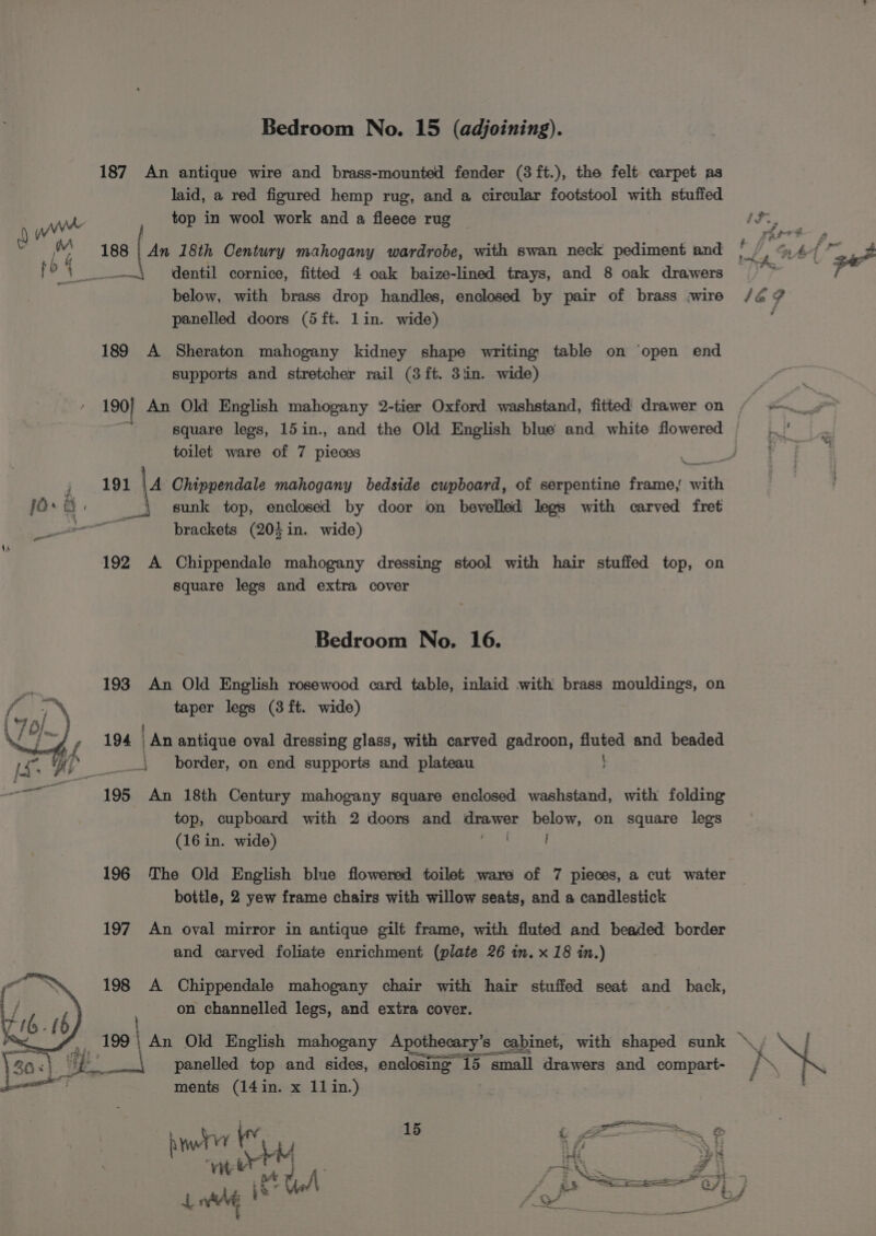 187 An antique wire and brass-mounted fender (3ft.), the felt carpet as laid, a red figured hemp rug, and a circular footstool with stuffed f wd top in wool work and a fleece rug se aieen An 18th Century mahogany wardrobe, with swan neck pediment and rb re | dentil cornice, fitted 4 oak baize-lined trays, and 8 oak drawers below, with brass drop handles, enclosed by pair of brass ;wire panelled doors (5 ft. lin. wide) 189 A Sheraton mahogany kidney shape writing table on ‘open end supports and stretcher rail (3 ft. 3iin. wide) 190} An Old English mahogany 2-tier Oxford washstand, fitted) drawer on toilet ware of 7 pieces , 191 \A Chippendale mahogany bedside cupboard, of serpentine frame, with jo. sunk top, enclosed by door on bevelled legs with carved fret eet brackets (204 in. wide) 192 A Chippendale mahogany dressing stool with hair stuffed top, on square legs and extra cover Bedroom No. 16. 193 An Old English rosewood card table, inlaid with brass mouldings, on taper legs (3ft. wide) 194 | “An antique oval dressing glass, with carved gadroon, antes and beaded ____. border, on end supports and plateau “ ; 195 An 18th Century mahogany square enclosed washstand, with folding top, cupboard with 2 doors and drawer below, on square legs (16 in. wide) is 4 196 The Old English blue flowered toilet ware of 7 pieces, a cut water bottle, 2 yew frame chairs with willow seats, and a candlestick 197 An oval mirror in antique gilt frame, with fluted and beaded border and carved foliate enrichment (plate 26 in. x 18 in.) 198 A Chippendale mahogany chair with hair stuffed seat and _ back, on channelled legs, and extra cover. 30s). : |) panelled top and sides, enclosing 15. “small drawers and compart- ae ments (14in. x 11in.) 15 we esis ps vr oy MK Zi \ Vet Ps F o . *s F yar a 3 -“ é f ae of oe edad! ail
