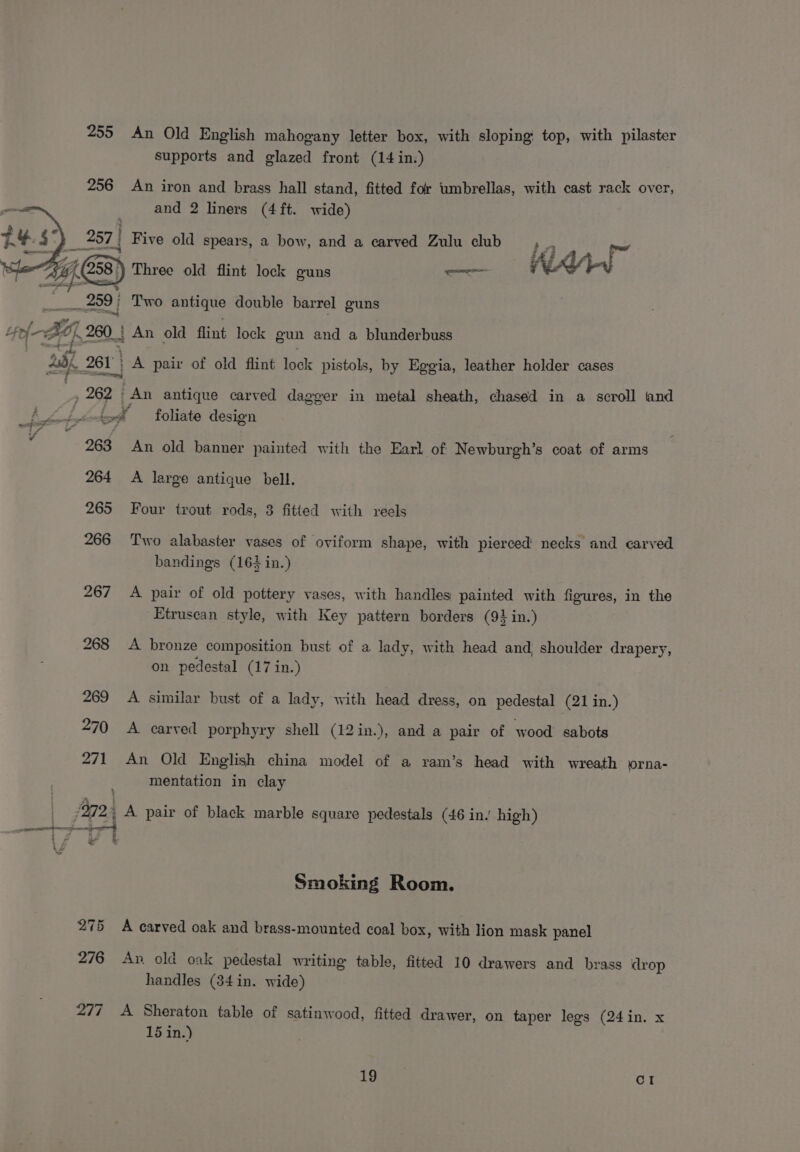 supports and glazed front (14 in.) 256 An iron and brass hall stand, fitted for umbrellas, with cast rack over, and 2 liners (4ft. wide) $5) 257 | Five old spears, a how, and a carved Zulu club, , rer A if BS) (258°) Three old flint lock euns a AAW ue | 259 | Two antique double barrel guns ? | LO, 280 An old flint lock gun and a blunderbuss 286 261 | / A pair of old flint lock pistols, by Eggia, leather holder cases 262 An antique carved dageer in metal sheath, chased in a scroll and o¢ foliate design . 263 An old banner painted with the Earl of Newburgh’s coat of arms 264 A large antique bell. 265 Four trout rods, 3 fitted with reels 266 Two alabaster vases of oviform shape, with pierced necks and carved bandings (164 in.) 267 A pair of old pottery vases, with handles painted with figures, in the Etruscan style, with Key pattern borders (91 in.) 268 &lt;A bronze composition bust of a lady, with head and shoulder drapery, on pedestal (17 in.) 269 A similar bust of a lady, with head dress, on pedestal (21 in.) 270 A carved porphyry shell (12in.), and a pair of wood sabots 271 An Old English china model of a ram’s head with wreath orna- mentation in clay Pa) A pair of black marble square pedestals (46 in. high) Smoking Room. 275 A carved oak and brass-mounted coal box, with lion mask panel 276 An old oak pedestal writing table, fitted 10 drawers and brass drop handles (34in. wide) 277 A Sheraton table of satinwood, fitted drawer, on taper legs (24in. x 15 in.)