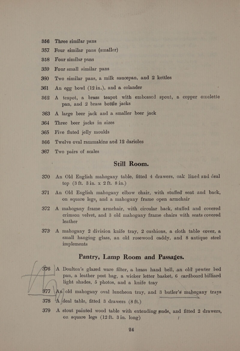 356 357. 358 359 360 361 362 363 364 365 366 367 370 371 372 373 Three similar pans Four similar pans (smaller) Four similar pans Four small similar pans Two similar pans, a milk saucepan, and 2 kettles An egg bowl (12in.), and a colander A teapot, a brass teapot with embossed spout, a copper omeletie pan, and 2 brass bottle jacks A large beer jack and a smaller beer jack Threc beer jacks in sizes Five fluted jelly moulds Twelve oval rammakins and 12 darioles Two pairs of scales Still Room. An Old English mahogany table, fitted 4 drawers, oak lined and deal top (sft. 3in. x 2 ft. 8 in.) An Old English mahogany elbow chair, with stuffed seat and roy, on square legs, and a mahogany frame open armchair A mahogany frame armchair, with circular back, stuffed and covered crimson velvet, and 3 old mahogany frame chairs with seats covered leather A mahogany 2 division knife tray, 2 cushions, a cloth table cover, a small hanging glass, an old rosewood caddy, and 8 antique steel implements Pantry, Lamp Room and Passages. light shades, 5 photos, and a knife tray 378 379 aa LK [aca table, fitted 3 drawers (8 ft.) A stout painted wood table with extending: ends, and fitted 2 drawers, on square legs (12ft. 3in. long) /