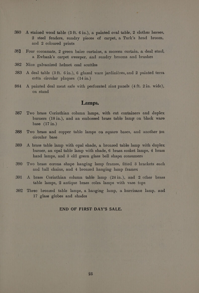380 38] 382 383 384 387 389 390 391 A stained wood table (3 ft. 6in.), a painted oval table, 2 clothes horses, 2 steel fenders, sundry pieces of carpet, a Turk’s head broom, and 2 coloured prints Four cocoamats, 2 green baize curtains, a moreen curtain, a, deal stool, ' a Ewhbank’s carpet sweeper, and sundry brooms and brushes Nine galvanized helmet coal scuttles A deal table (3 ft. Gin.), 6 glazed ware jardinicres, and 2 painted terra cotta circular plaques (14 in.) A painted deal meat safe with perforated zing panels (4 ft. 2in. wide), on stand Lamps. Two brass Corinthian column lamps, with cut containers and duplex burners (18in.), and an embossed brass table lamp! on black ware base (17 in.) Two brass and copper table lamps on square bases, and another jon circular base A brass table lamp with opal shade, a bronzed table lamp with duplex burner, an opal table lamp with shade, 6 brass socket lamps, 4 brass hand lamps, and 3 old green glass bell shape consumers Two brass corona shape hanging lamp frames, fitted 3 brackets each and ball chains, and 4 bronzed hanging lamp frames A brass Corinthian column table lamp (24in.), and 2 other brass table lamps, 2 antique brass colza lamps with vase tops Three bronzed table lamps, a hanging lamp, a hurricane lamp, and 17 glass globes and shades END OF FIRST DAY’S SALE.