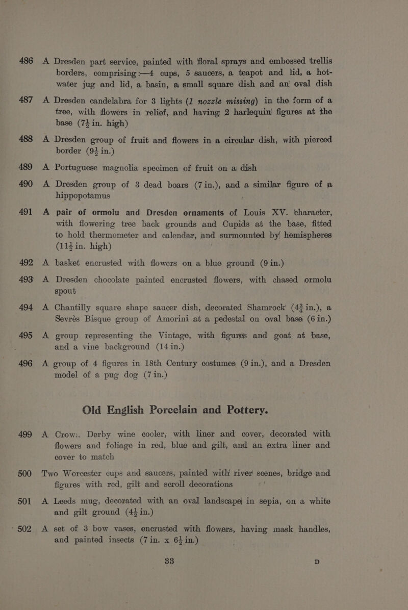 487 495 496 499 500 501 * 502 borders, comprising :—4 cups, 5 saucers, a teapot and lid, a hot- water jug and lid, a basin, a small square dish and an oval dish tree, with flowers in relief, and having 2 harlequin! figures at ‘the base (7}in. high) A A border (94 in.) Portuguese magnolia specimen of fruit on a dish Dresden group of 3 dead boars (7in.), and a similar figure of a hippopotamus pair of ormolu and Dresden ornaments of Louis XV. ‘character, with flowering tree back grounds and Cupids at the base, fitted to hold thermometer and calendar, and surmounted by; hemispheres (114 in. high) ; basket encrusted with flowers on a blue ground (9 in.) Dresden chocolate painted encrusted flowers, with chased ormolu spout Chantilly square shape saucer dish, decorated Shamrock (42in.), a Sevrés Bisque group of Amorini at a pedestal on oval base (6 in.) eroup representing the Vintage, with figures and goat at base, and a vine background (14 in.) model of a pug dog (7 in.) Old: English: Porcelaig ands Rateey Orow:. Derby wine cooler, with liner and cover, decorated ‘with flowers and foliage in red, blue and gilt, and an extra liner and cover to match A A figures with red, gilt and scroll decorations Leeds mug, decorated with an oval landscape in sepia, on a white and gilt ground (4% in.) set of 3 bow vases, encrusted with flowers, having mask handles, and painted insects (7in. x 62 in.)