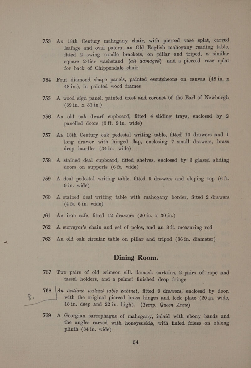 753 754 755 756 797 758 759 760 761 762 763 767 769 An 18th Century mahogany chair, with pierced vase splat, carved leafage and oval patera, an Old English mahogany zeading table, fitted 2 swing candle brackets, on pillar and tripod, a similar square 2-tier washstand (all damaged) and a pierced vase splat for back of Chippendale chair ) . Four diamond shape panels, painted escutcheons on canvas (48 in. x 48 in.), in painted wood frames A wood sign panel, painted crest and, coronet of the Earl of Newburgh (39 in. x 81 in.) : An old oak dwarf cupboard, fitted 4 sliding: trays, enclosed by 2 panelled doors (3ft. 9in. wide) Au 18th Century oak pedestal writing table, fitted’ 10 drawers and 1 long drawer with hinged flap, enclosing 7 small drawers, brass drop handles (34in. wide) A stained deal cupboard, fitted shelves, enclosed by 3 glazed sliding doors on supports (6ft. wide) A deal pedestal writing table, fitted 9 drawers and sloping top (6 ft. 9in. wide) A stained deal writing table with mahogany border, fitted 2 drawers (4 ft. 6in. wide) An iron safe, fitted 12 drawers (20in. x 30 in.) A surveyor’s chain and set of poles, and an 8 ft. measuring rod An old oak circular table on pillar and tripod (36in. diameter) Dining Room. Two pairs of old crimson silk damask curtains, 2 pairs of rope and tassel holders, and a pelmet finished deep fringe 18in. deep and 22in. high). (Temp. Queen Anne) A Georgian sarcophagus of mahogany, inlaid with ebony bands and the angles carved with honeysuckle, with fluted frieze on oblong plinth (34in, wide)
