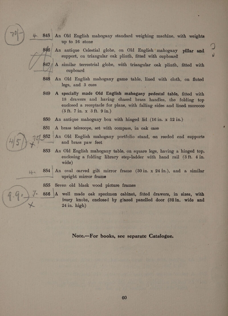 &lt;a ve 855 up to 16 stone An antique Celestial globe, on Old English eee pillar and support, on triangular oak plinth, fitted with cupboard! cupboard An Old English mahogany game table, lined with cloth, on fluted legs, and 3 cues A specially made Old English mahogany pedestal table, fitted with 18 drawers and having chased brass handles, the folding top enclosed a receptacle for plans, with falling sides and lined morocco (5ft. 7in. x 3ft. 9 in.) An antique mahogany box with hinged lid (16in. x 12 in.) and brass paw feet An Old English mahogany table, on square legs, having a hinged top, enclosing a folding library step-ladder with hand rail (3 ft. 4 in. wide) An oval carved gilt mirror frame (30in. x at in.), and a similar upright mirror frame Seven old black wood picture frames ivory knobs, enclosed by glazed panelled door (32in. wide and 24 in. high) Note.—For books, see separate Catalogue. Zz