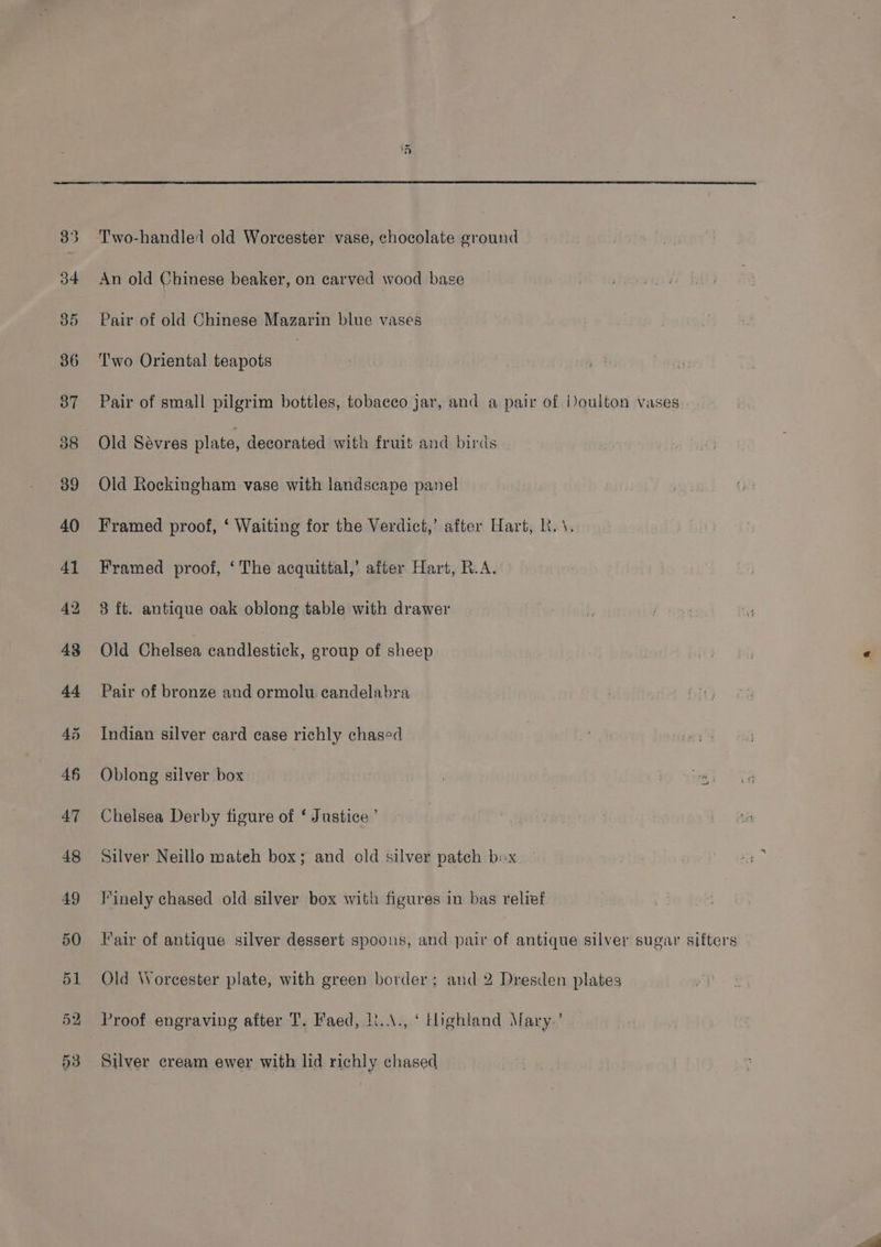 2 An old Chinese beaker, on carved wood base Pair of old Chinese Mazarin blue vases Two Oriental teapots : Pair of small pilgrim bottles, tobacco jar, and a pair of Doulton vases. Old Sevres plate, decorated with fruit and birds Old Rockingham vase with landscape panel Framed proof, ‘ Waiting for the Verdict,’ after Hart, R.\. Framed proof, ‘The acquittal,’ after Hart, R.A. 8 ft. antique oak oblong table with drawer Old Chelsea candlestick, group of sheep Pair of bronze and ormolu. candelabra Gains silver card case richly chased Oblong silver box Chelsea Derby figure of ‘ Justice ’ Silver Neillo mateh box; and old silver patch box l’inely chased old silver box with figures in bas relief Fair of antique silver dessert spoons, and pair of antique silver sugar sifters Old Worcester plate, with green border; and 2 Dresden plates Proof engraving after T. Faed, R..\., ‘ tlighland Mary.’ Silver cream ewer with lid richly chased