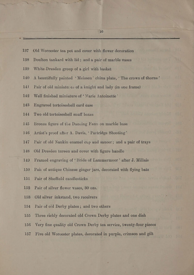 151 153 154 155 156 157 Old Worcester tea pot and cover with flower decoration Doulton tankard with lid; anda pair of marble vases White-Dresden group of a girl with basket A beautifully painted ‘ Meissen’ china plate, ‘ The crown of thorns’ Pair of old miniatu:es of a knight and lady (in one frame) © Well finished miniature of ‘ Marie Antoinette ’— Engraved tortoiseshell card case Two old tortoiseshell snuff boxes Bronze figure of the Dancing Faun on marble base Artist’s proof after A. Davis, ‘ Partridge Shooting’ Pair of old Nankin enamel cup and saucer; and a pair of trays Old Dresden tureen and cover with figure handle Framed engraving of ‘ Bride of Lammermoor ’ after J. Millais Pan of antique Chinese ginger jars, decorated with flying bats Pair of Sheffield candlesticks Pair of silver flower vases, 30 ozs. Old silver inkstand, two receivers Pair of old Derby plates ; and two others Three richly decorated old Crown Derby plates and one dish very fine quality old Crown Derby tea service, twenty-four pieces Five old Worcester plates, decorated in purple, crimson and gilt