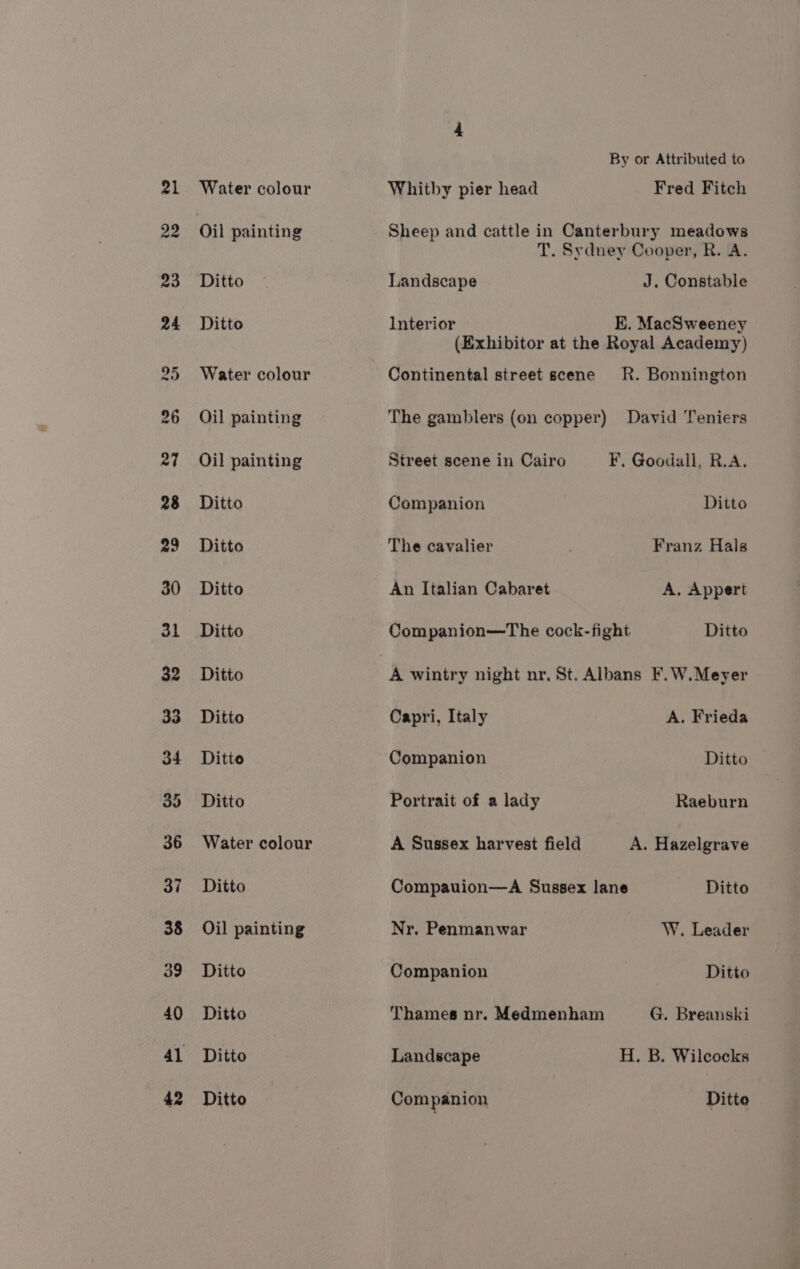 21 22 Water colour Ditto Ditto Water colour Oil painting Oil painting Ditto Ditto Ditto Ditto Ditto Ditto Ditto Ditto Water colour Ditto Oil painting Ditto Ditto Ditto Ditto By or Attributed to Whitby pier head Fred Fitch Sheep and cattle in Canterbury meadows T. Sydney Cooper, R. A. Landscape J. Constable Interior E. MacSweeney (Exhibitor at the Royal Academy) Continental street scene R. Bonnington The gamblers (on copper) David Teniers Street scene in Cairo F. Goodall, R.A. Companion Ditto The cavalier Franz Hals An Italian Cabaret A. Appert Companion—The cock-fight Ditto A wintry night nr. St. Albans F.W.Meyer Capri, Italy A. Frieda Companion Ditto Portrait of a lady Raeburn A Sussex harvest field A. Hazelgrave Compauion—A Sussex lane Ditto Nr. Penmanwar W. Leader Companion Ditto Thames nr. Medmenham G. Breanski Landscape H. B. Wilcocks Companion Ditto