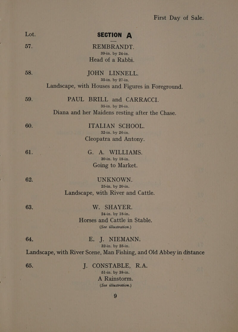 Lot. SECTION A 57. REMBRANDT. 39-in. by 24-in. Head of a Rabbi. 58. JOHN LINNELL. 35-in. by 27-in. Landscape, with Houses and Figures in Foreground. 59. PAUL BRILL and CARRACCI. 35-in. by 26-in. Diana and her Maidens resting after the Chase. 60. ITALIAN SCHOOL. 32-in. by 26-in. Cleopatra and Antony. 61. | G. A. WILLIAMS. 30-in. by 18-in. Going to Market. 62. UNKNOWN. 25-in. by 20-in, Landscape, with River and Cattle. 63. W. SHAYER. 24-in. by 18-in. Horses and Cattle in Stable. (See tllustration.) 64, E. J. NIEMANN. 32-in. by 25-in. Landscape, with River Scene, Man Fishing, and Old Abbey in distance 65. J. CONSTABLE, R.A. 6l-in. by 38-in. A Rainstorm. (See tllustvation.)