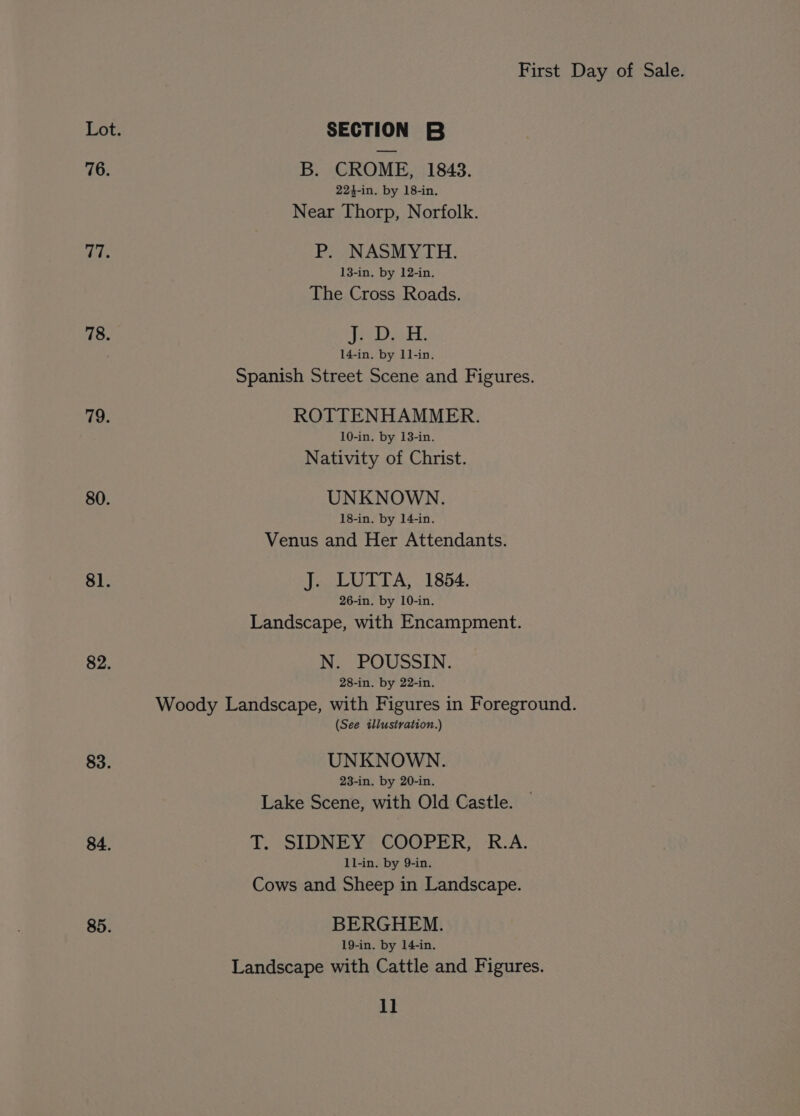 Lot. SECTION B 76. B. CROME, 1843. 224-in. by 18-in, Near Thorp, Norfolk. das P. NASMYTH. 13-in. by 12-in. The Cross Roads. 78. dl g8 OP 8 5 &amp; 14-in. by 11-in. Spanish Street Scene and Figures. 79. ROTTENHAMMER. 10-in. by 13-in. Nativity of Christ. 80. UNKNOWN. 18-in. by 14-in. Venus and Her Attendants. 81. J. LUTTA, 1854. 26-in. by 10-in. Landscape, with Encampment. 82. N. POUSSIN. 28-in. by 22-in, Woody Landscape, with Figures in Foreground. (See illustration.) 83. UNKNOWN. 23-in. by 20-in. Lake Scene, with Old Castle. — 84. TL. sol DNEY? COOPWK;: KA; 1l-in. by 9-in. Cows and Sheep in Landscape. 85. BERGHEM. 19-in. by 14-in. Landscape with Cattle and Figures. 1]