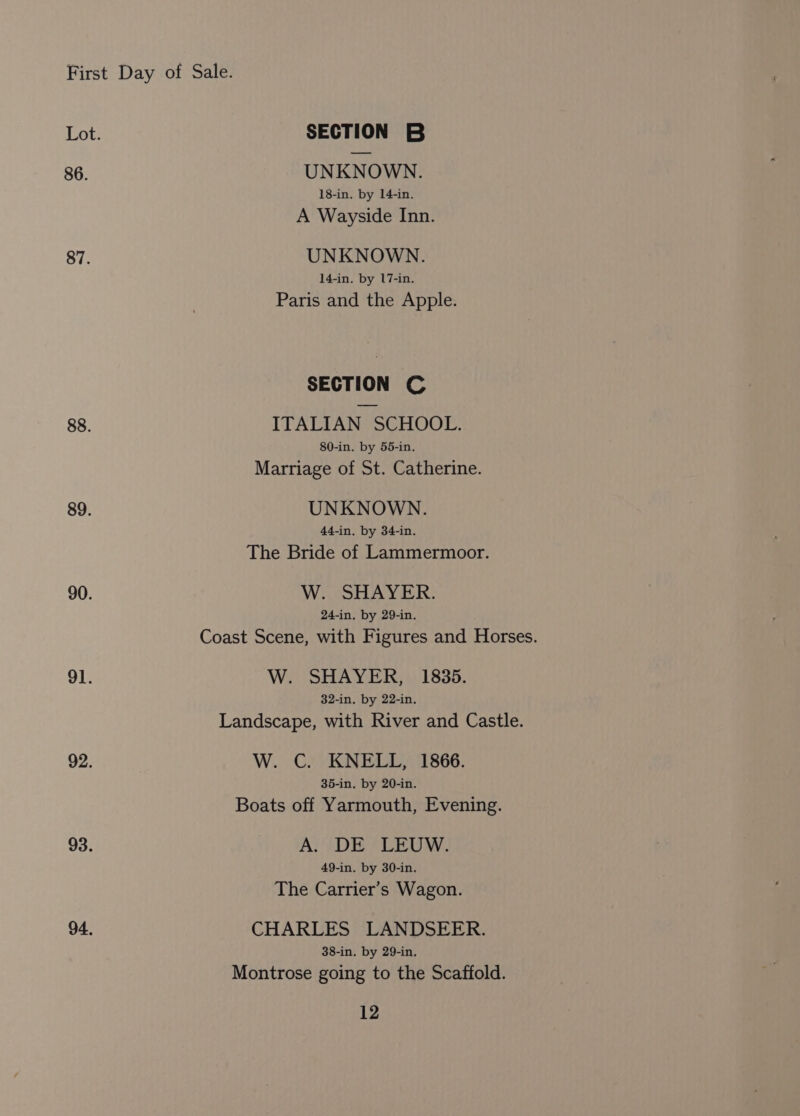 86. 87. 88. 89. 90. 91. 92. 93. 94. SECTION B UNKNOWN. 18-in. by 14-in. A Wayside Inn. UNKNOWN. 14-in. by 17-in. Paris and the Apple. SECTION C ITALIAN SCHOOL. 80-in. by 55-in. Marriage of St. Catherine. UNKNOWN. 44-in. by 34-in. The Bride of Lammermoor. W. SHAYER. 24-in. by 29-in. Coast Scene, with Figures and Horses. W. SHAYER, 1835. 32-in. by 22-in. Landscape, with River and Castle. W. C. KNELL, 1866. 35-in. by 20-in. Boats off Yarmouth, Evening. A. DE LEUW. 49-in. by 30-in. The Carrier’s Wagon. CHARLES LANDSEER. 38-in. by 29-in, Montrose going to the Scaffold.