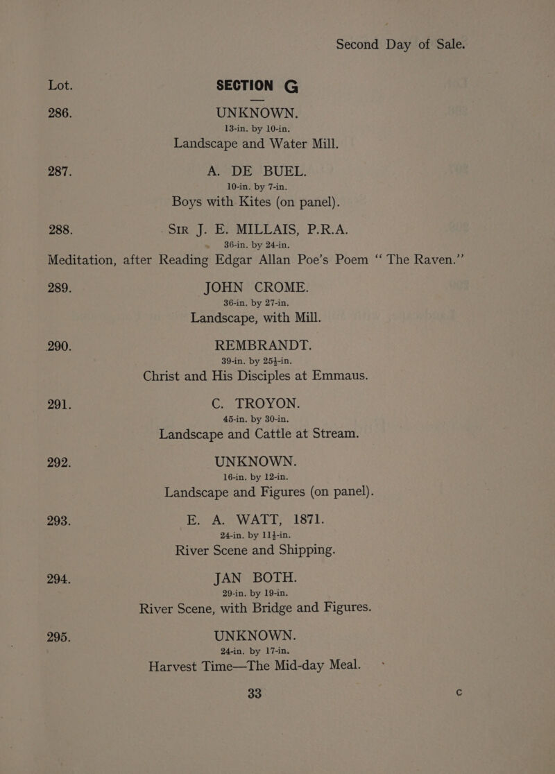 Lot. SECTION G 286. UNKNOWN. 13-in. by 10-in. Landscape and Water Mill. 287. A. DE BUEL. 10-in. by 7-in. Boys with Kites (on panel). 288. emine fo bay MELEATS PRA, 36-in, by 24-in. Meditation, after Reading Edgar Allan Poe’s Poem “ The Raven.” 289. JOHN CROME. 36-in. by 27-in. Landscape, with Mill. 290. REMBRANDT. 39-in. by 254-in. Christ and His Disciples at Emmaus. 291. C. TROYON. 45-in. by 30-in. Landscape and Cattle at Stream. 292. UNKNOWN. 16-in. by 12-in. Landscape and Figures (on panel). 293. Rok WALT... 1871. 24-in. by 114-in. River Scene and Shipping. 294. JAN BOTH. 29-in. by 19-in. River Scene, with Bridge and Figures. 295. UNKNOWN. 24-in. by 17-in. Harvest Time—The Mid-day Meal.
