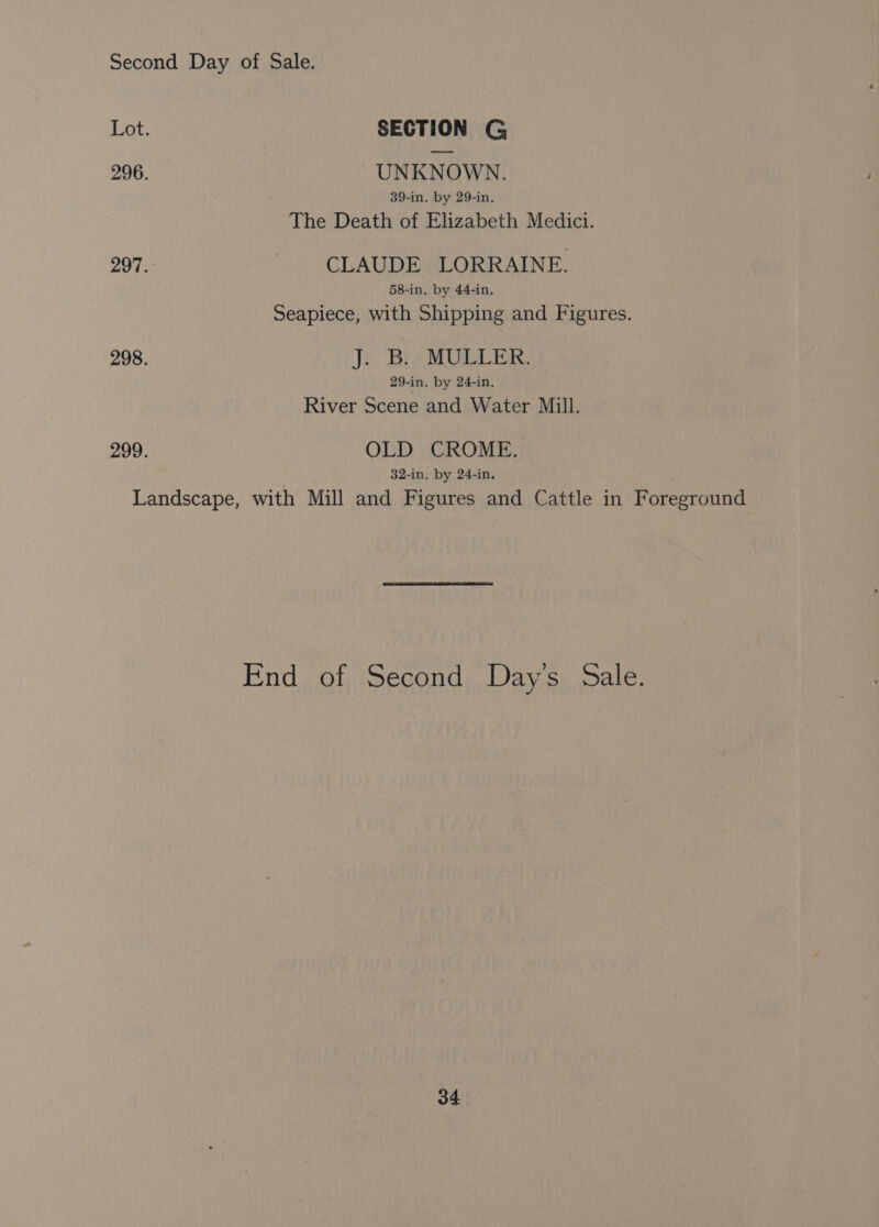 SECTION G UNKNOWN. 39-in. by 29-in. The Death of Elizabeth Medici. CLAUDE LORRAINE. 58-in. by 44-in. Seapiece, with Shipping and Figures. J) BraMULLER. 29-in. by 24-in. River Scene and Water Mill. OLD CROME. 32-in. by 24-in.