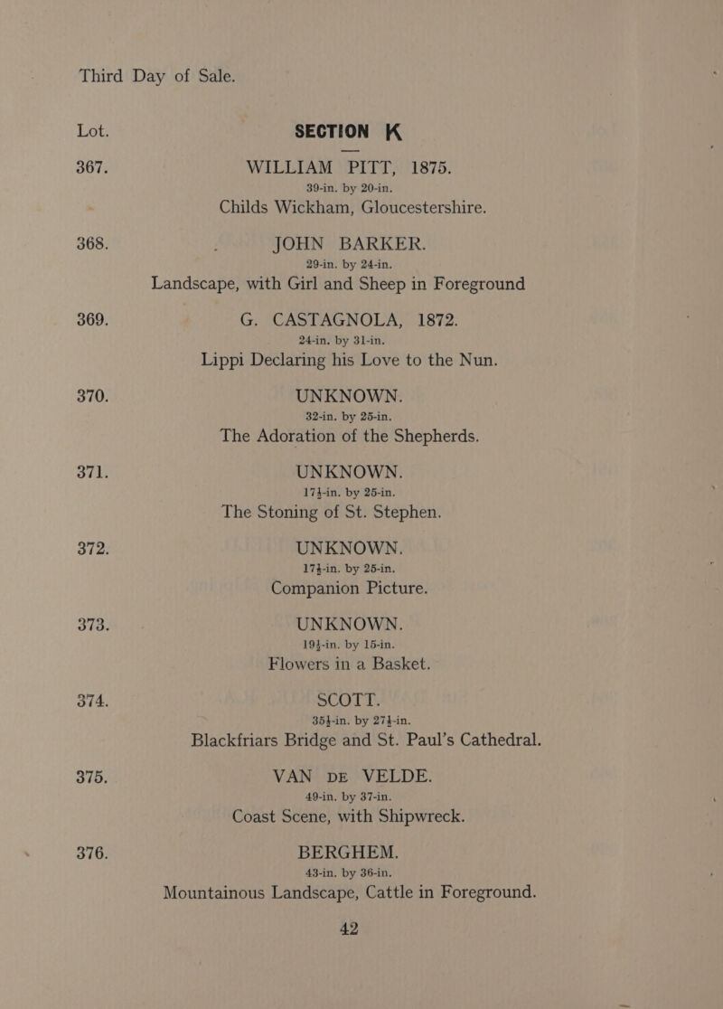 Lot. | SECTION K 367. WILLIAM PITT, 1875. 39-in. by 20-in. Childs Wickham, Gloucestershire. 368. : JOHN BARKER. 29-in. by 24-in, Landscape, with Girl and Sheep in Foreground 369. G. CASTAGNOLA, 1872. 24-in. by 31-in. Lippi Declaring his Love to the Nun. 370. UNKNOWN. 32-in. by 25-in. The Adoration of the Shepherds. 371. UNKNOWN. 17}-in. by 25-in. The Stoning of St. Stephen. 372. UNKNOWN. 174-in. by 25-in. Companion Picture. 318: UNKNOWN. 193-in, by 15-in. Flowers in a Basket. ov4. SCOTT. 354-in. by 27}-in. Blackfriars Bridge and St. Paul’s Cathedral. 375. VAN vbE VELDE. 49-in. by 37-in. Coast Scene, with Shipwreck. 376. BERGHEM. 43-in. by 36-in. Mountainous Landscape, Cattle in Foreground.