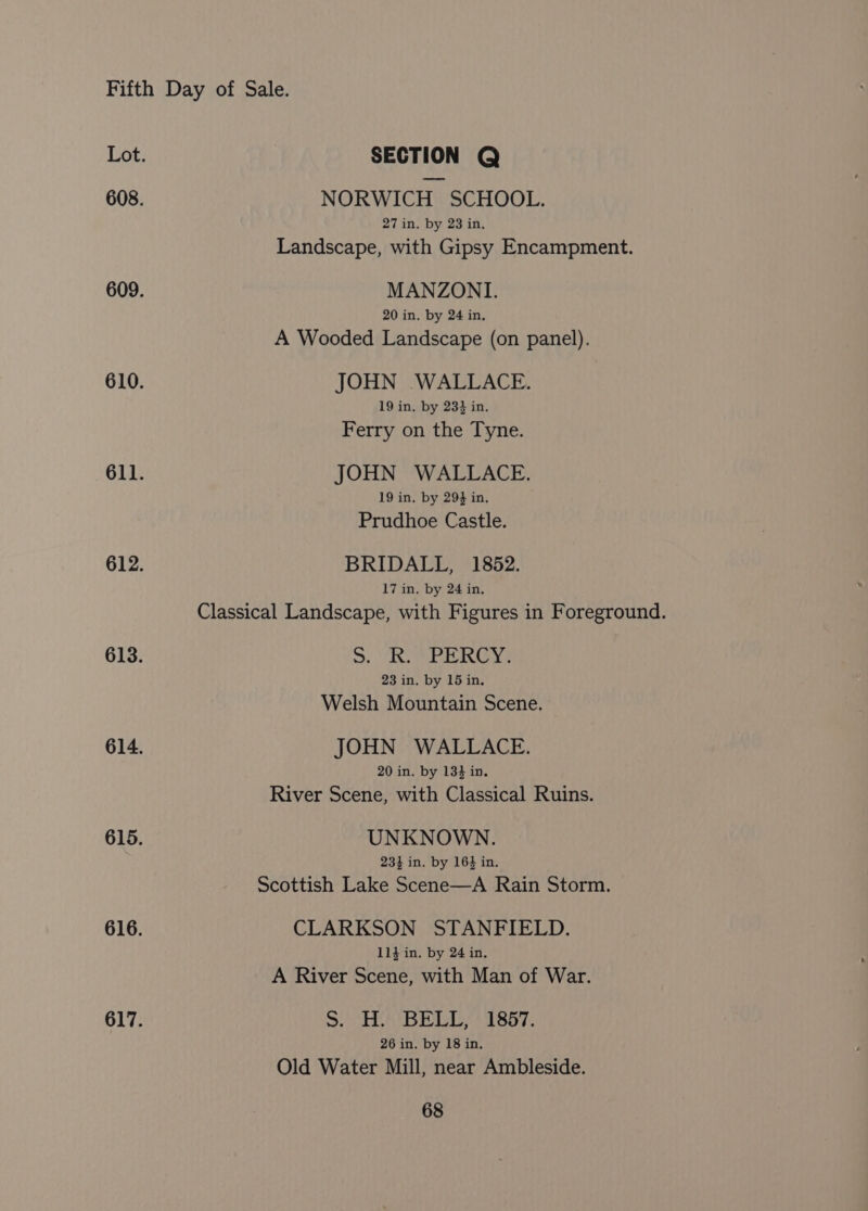 Lot. SECTION Q 608. NORWICH SCHOOL. 27 in. by 23 in, Landscape, with Gipsy Encampment. 609. MANZONI. 20 in. by 24 in. A Wooded Landscape (on panel). 610. JOHN .WALLACE. 19 in. by 234 in. Ferry on the Tyne. 611. JOHN WALLACE. 19 in, by 294 in. Prudhoe Castle. 612. BRIDALL, 1852. 17 in. by 24 in. Classical Landscape, with Figures in Foreground. 613. S, RRS 23 in. by 15 in. Welsh Mountain Scene. 614. JOHN WALLACE. 20 in. by 13} in. River Scene, with Classical Ruins. 615. UNKNOWN. 234 in. by 164 in. Scottish Lake Scene—A Rain Storm. 616. CLARKSON STANFIELD. 114 in. by 24 in. A River Scene, with Man of War. 617. SUH B PLT AA So7. 26 in. by 18 in, Old Water Mill, near Ambleside.