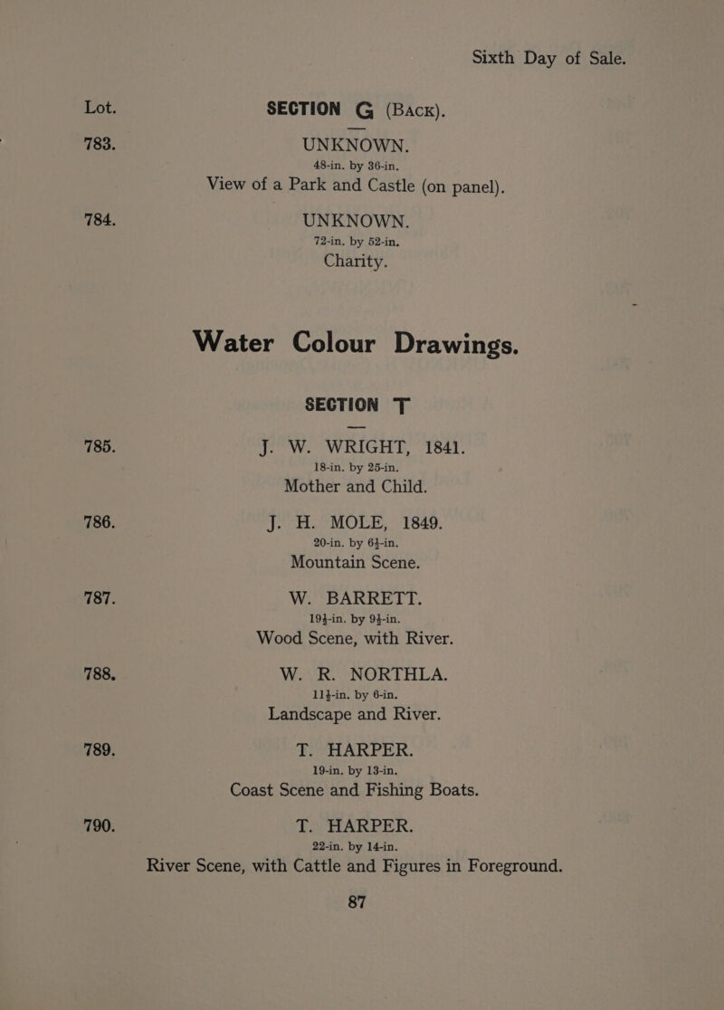 Lot. 783. 784. 785. 786. 787. 788. 789. 790. Sixth Day of Sale. SECTION G (Back). UNKNOWN. 48-in. by 36-in. View of a Park and Castle (on panel). UNKNOWN. 72-in. by 52-in, Charity. Water Colour Drawings. SECTION T J. W. WRIGHT, 1841. 18-in. by 25-in. Mother and Child. J. H. MOLE, 1849. 20-in. by 6}-in. Mountain Scene. W. BARRETT. 194-in. by 94-in. Wood Scene, with River. W. R. NORTHLA. 11$-in. by 6-in. Landscape and River. T. HARPER. 19-in. by 13-in. Coast Scene and Fishing Boats. T. HARPER. 22-in. by 14-in. River Scene, with Cattle and Figures in Foreground.