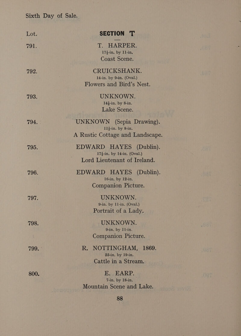 SECTION T T. HARPER. 174-in. by 11-in. Coast Scene. CRUICKSHANK. 14-in. by 9-in. (Oval.) Flowers and Bird’s Nest. UNKNOWN. 144-in. by 8-in. Lake Scene. UNKNOWN (Sepia Drawing). 11}-in. by 8-in. A Rustic Cottage and Landscape. EDWARD HAYES (Dublin). 174-in. by 14-in. (Oval.) Lord Lieutenant of Ireland. EDWARD HAYES (Dublin). 16-in. by 12-in. Companion Picture. UNKNOWN. 9-in. by 1l-in. (Oval.) Portrait of a Lady. UNKNOWN. 9-in. by 11l-in. Companion Picture. R. NOTTINGHAM, 1869. 25-in. by 19-in. Cattle in a Stream. E. EARP. 7-in. by 18-in. Mountain Scene and Lake.