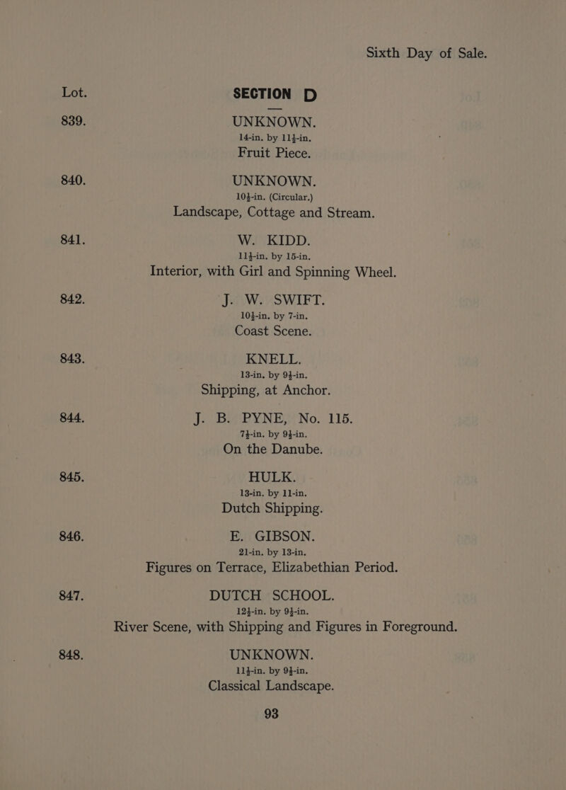 SECTION D UNKNOWN. 14-in. by 11}-in. Fruit Piece. UNKNOWN. 103-in. (Circular.) Landscape, Cottage and Stream. W. KIDD. 11}-in. by 15-in. Interior, with Girl and Spinning Wheel. J. W. SWIFT. 10}-in. by 7-in. Coast Scene. KNELL. 13-in. by 94-in. Shipping, at Anchor. J. B. PYNE, No. 115. 74-in. by 94-in. On the Danube. HULK. 13-in. by 11-in. Dutch Shipping. E. GIBSON. 21-in. by 13-in. Figures on Terrace, Elizabethian Period. DUTCH SCHOOL. 12}-in. by 9}-in. River Scene, with Shipping and Figures in Foreground. UNKNOWN. 114-in. by 94-in. Classical Landscape.