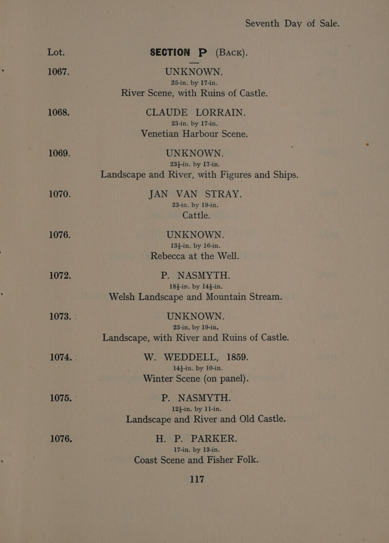 Lot. SECTION P (Back). 1067. UNKNOWN. 25-in. by 17-in. River Scene, with Ruins of Castle. 1068. CLAUDE LORRAIN. 23-in. by 17-in. Venetian Harbour Scene. 1069. UNKNOWN. 234-in. by 17-in. Landscape and River, with Figures and Ships. 1070. JAN VAN STRAY. 23-in. by 19-in. Cattle. 1076. UNKNOWN. 134-in. by 16-in. Rebecca at the Well. 1072. P. NASMYTH. 18}-in. by 14}-in. Welsh Landscape and Mountain Stream. 1073. : UNKNOWN. 23-in. by 19-in, Landscape, with River and Ruins of Castle. 1074. : W. WEDDELL, 1859. 144-in. by 10-in. Winter Scene (on panel). 1075. P. NASMYTH. 124-in. by 1l-in. Landscape and River and Old Castle. 1076. Hit Pe RARKER. 17-in. by 13-in. Coast Scene and Fisher Folk.